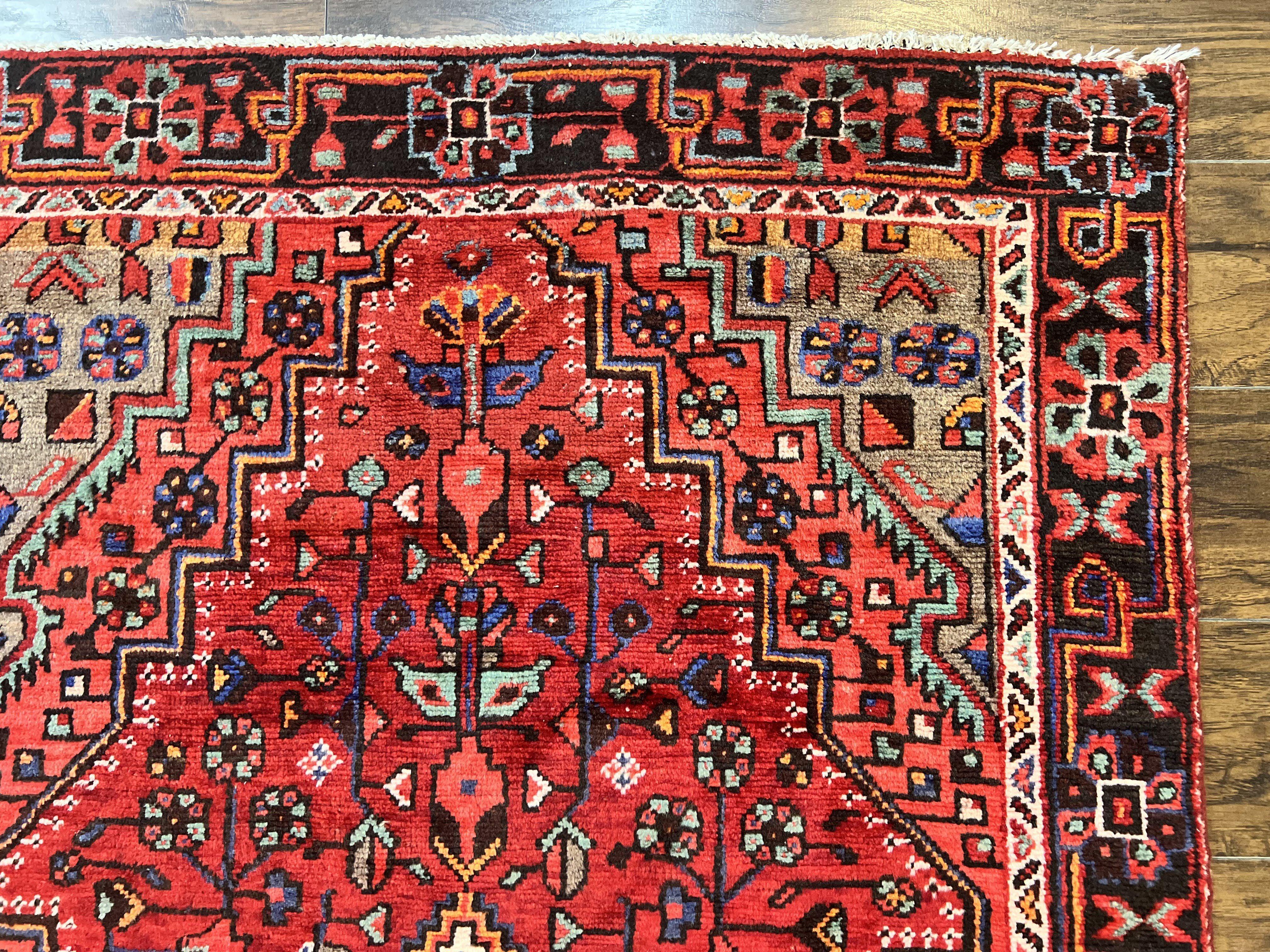 Antique Persian Tribal Rug 4x7, Red, Geometric Medallion, Handmade, Wool, Persian Zanjan Rug - Jewel Rugs