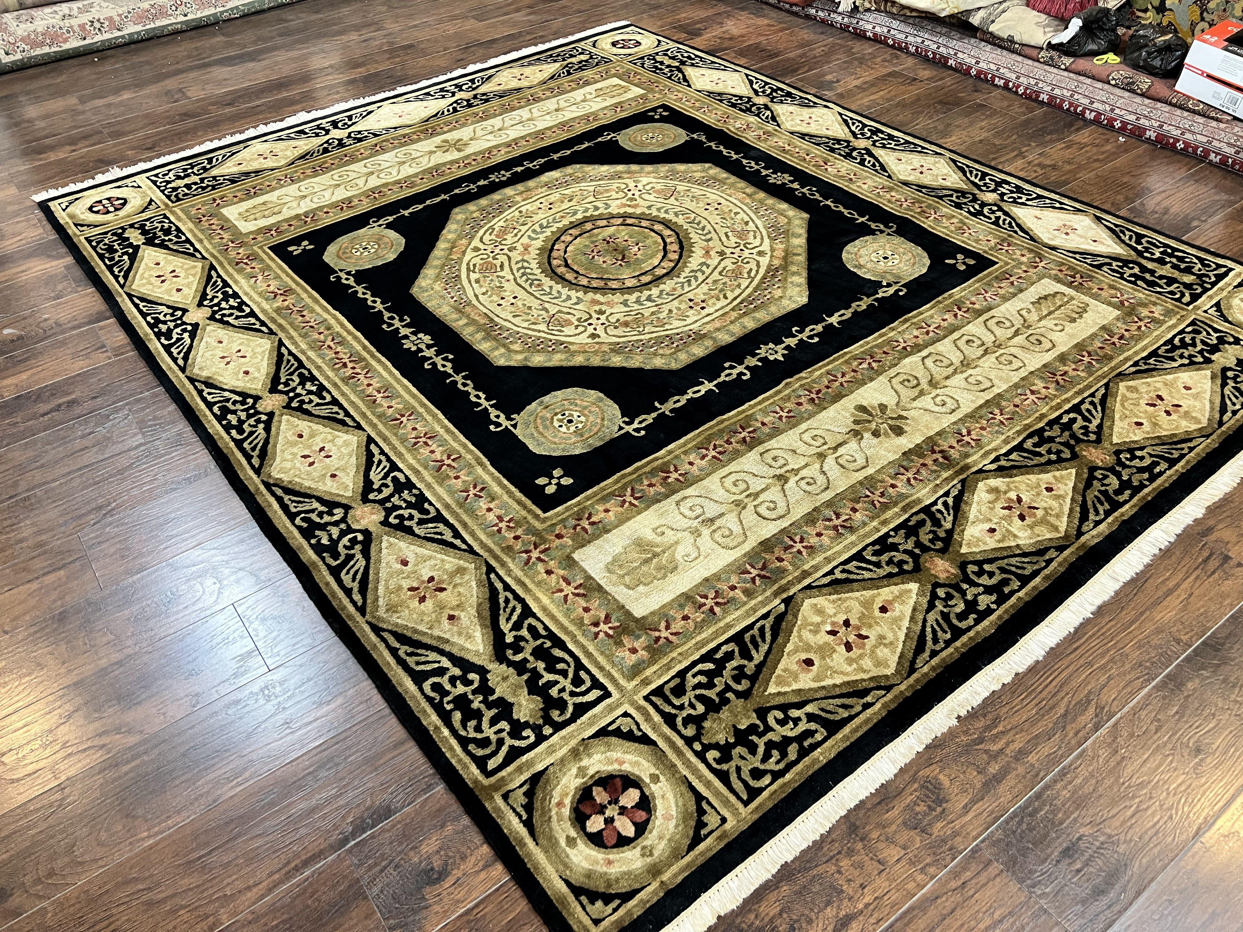 Tibetan Rug 8x10, Nepali Area Rug, Soft New Zealand Wool Carpet 8 x 10 ft, Black Tan Beige, Vintage Handmade Rug, French Aubusson Pattern - Jewel Rugs