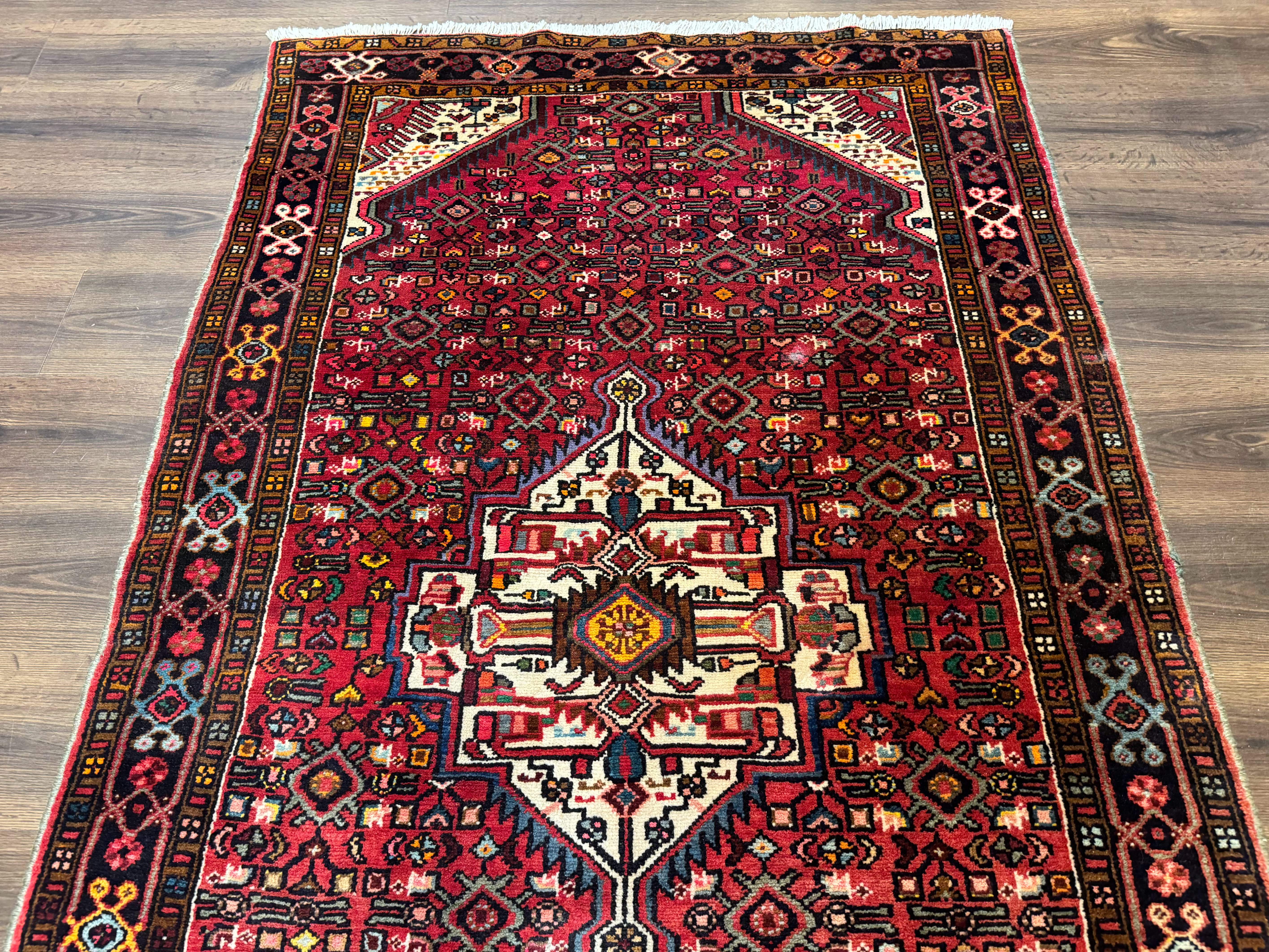 Persian Hamadan Rug 4x7, Tribal Village Malayer Carpet, Red and Ivory, Bohemian Antique - Jewel Rugs