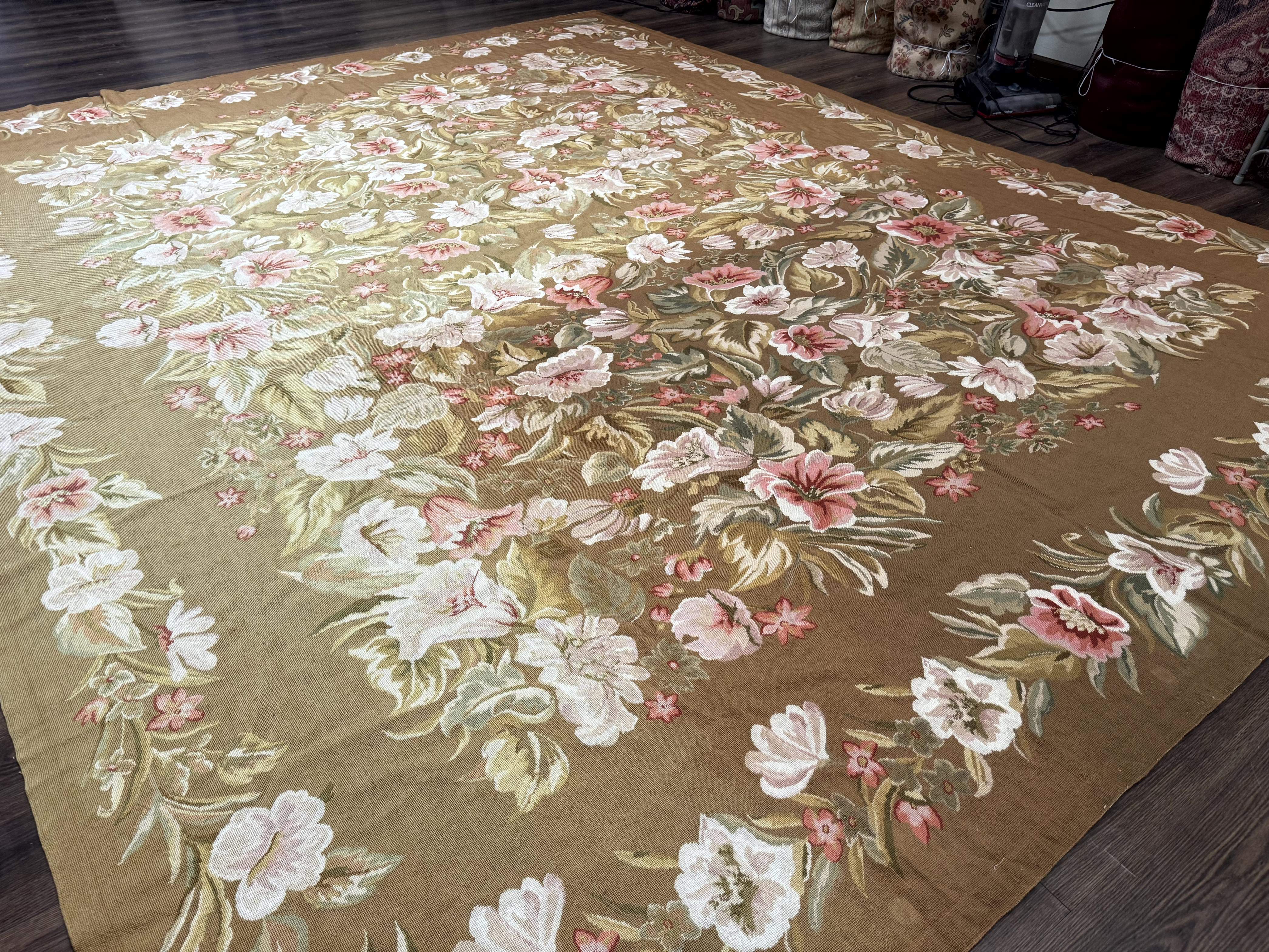 Large Needlepoint Rug 11x14, Vintage Floral Wool Carpet, Caramel - Jewel Rugs