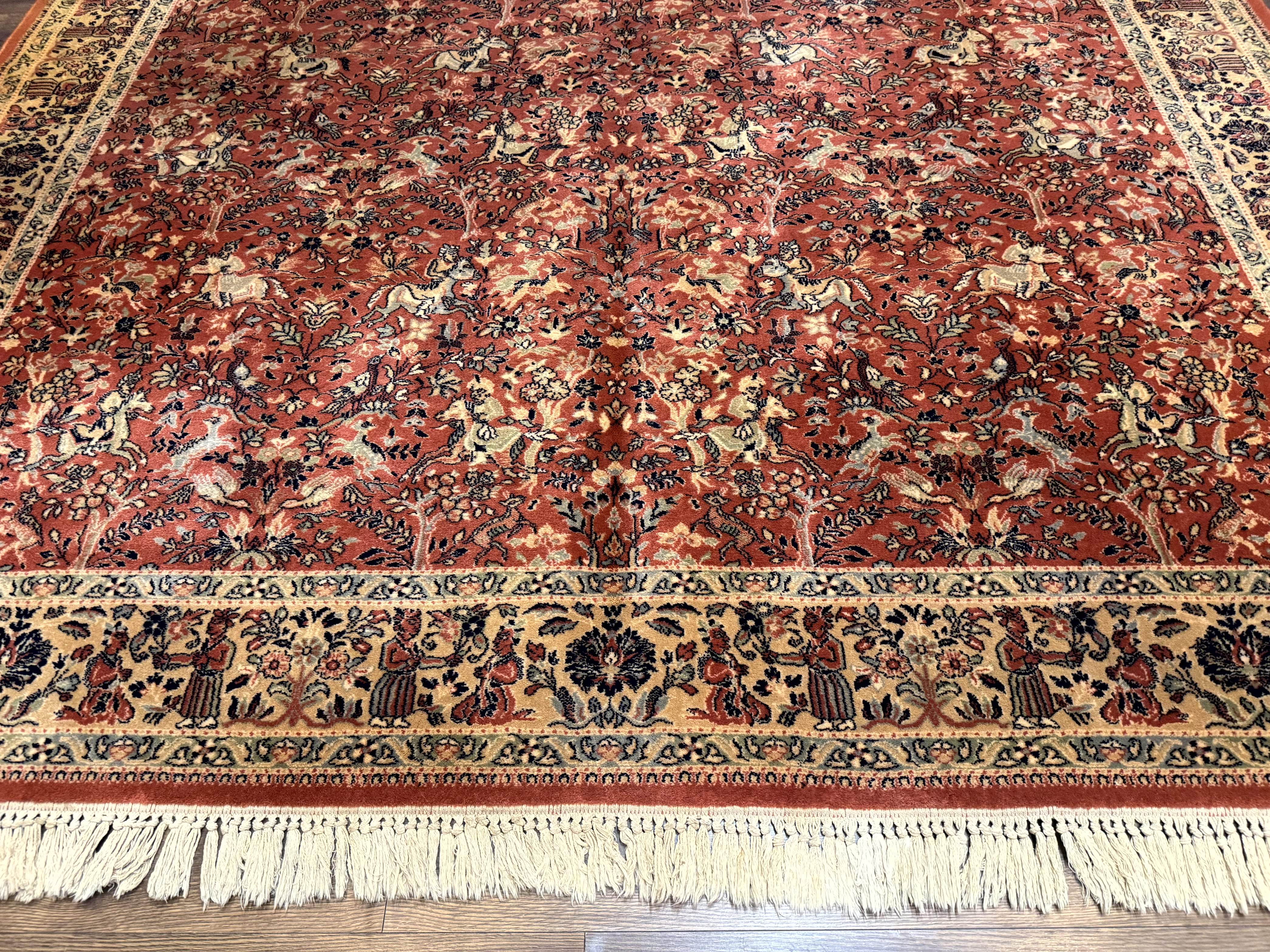 Persian Area Rug 8 x 11.6, Wool, Royal Hunting Scene, Vintage Couristan Rug, Red, Allover Pattern, Belgium Power Loomed - Jewel Rugs