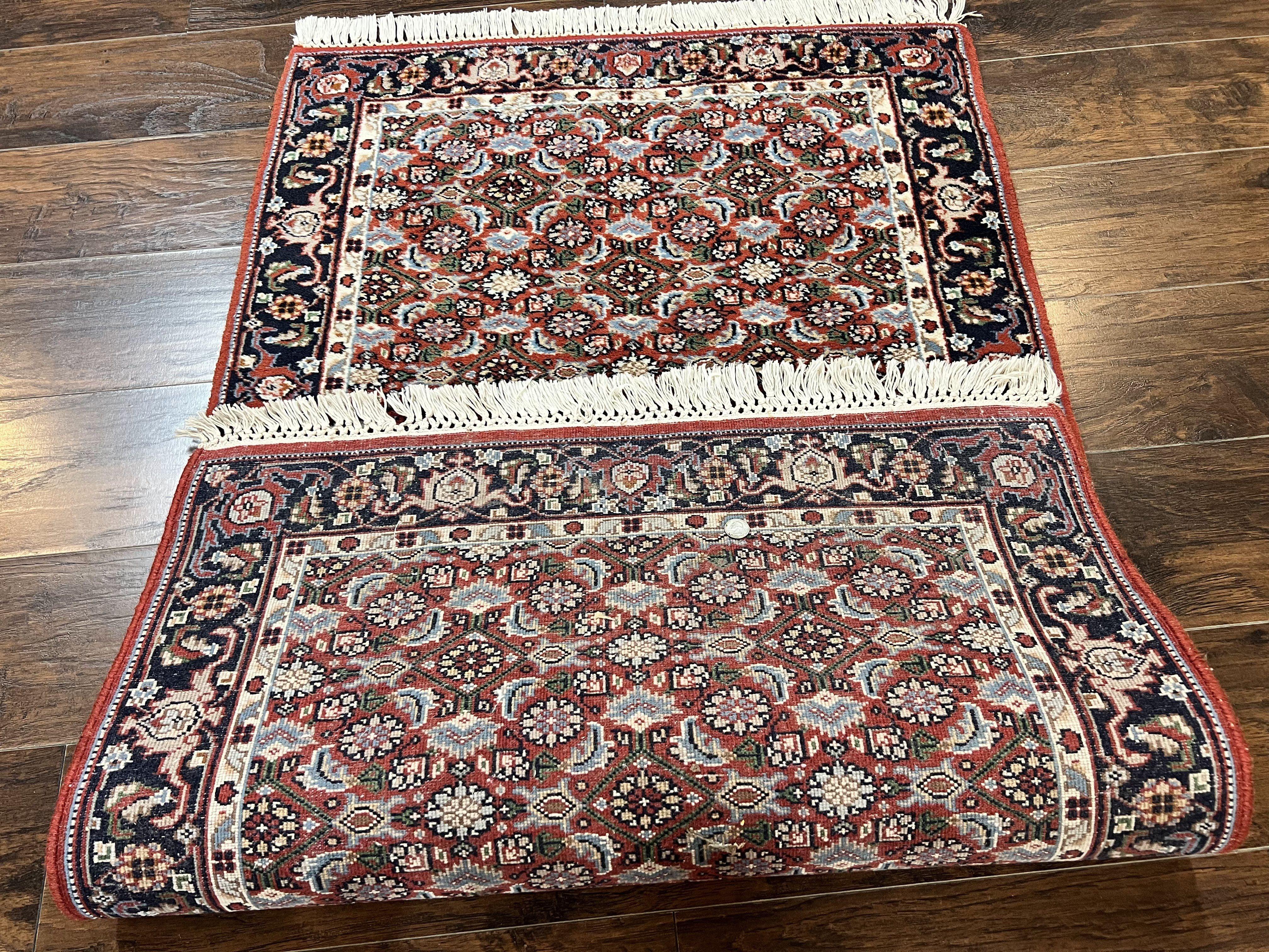 Indo Persian Rug 3x5, Red and Navy Blue, Wool Vintage Handmade Small Carpet 3 x 5 ft, Herati Pattern, Bidjar Rug - Jewel Rugs