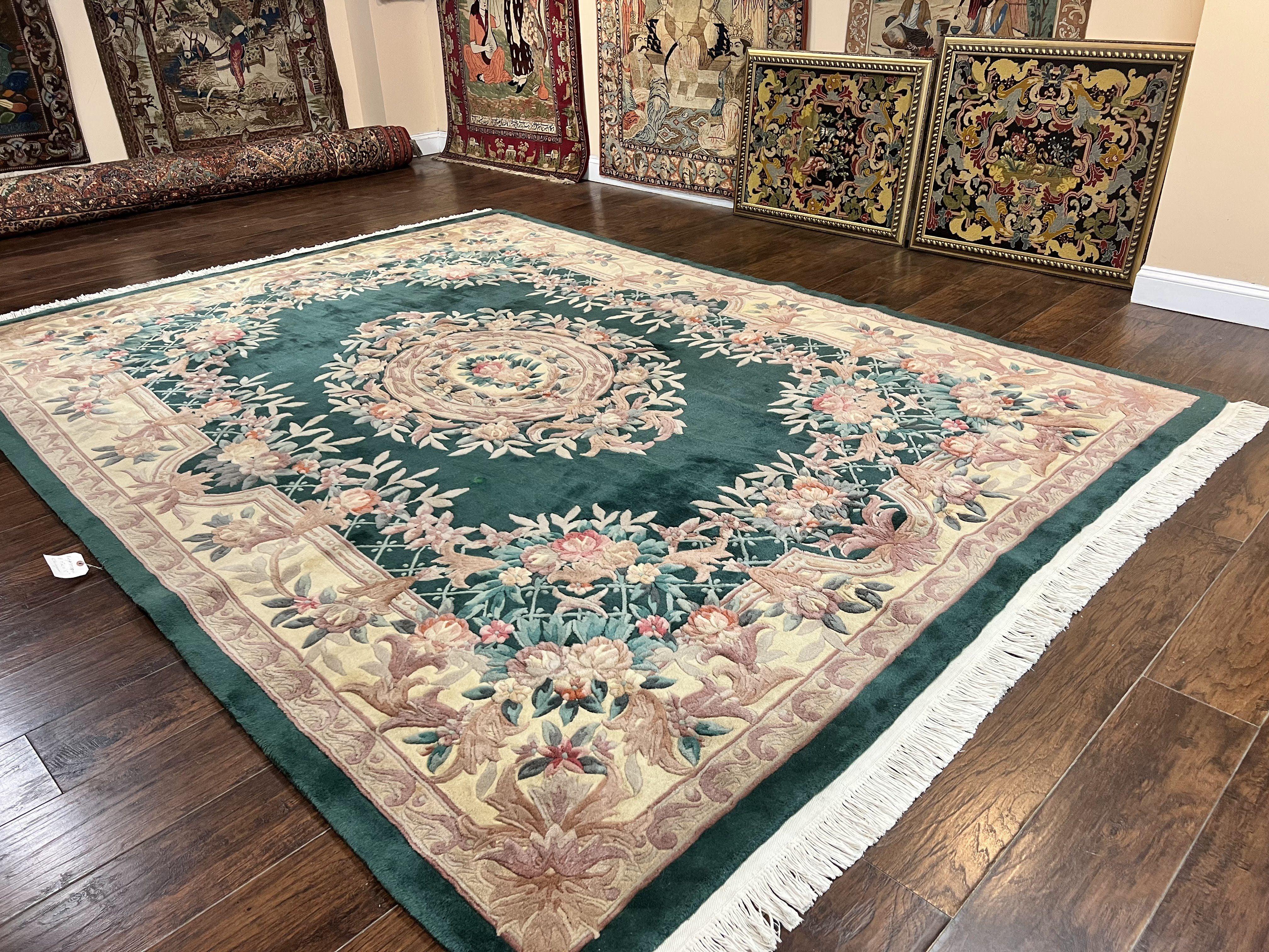 Chinese Wool Rug 9x11, Chinese Aubusson Carpet 9 x 11, Green and Cream, 120 Line, Handmade Room Sized Plush Pile, Vintage Rug - Jewel Rugs