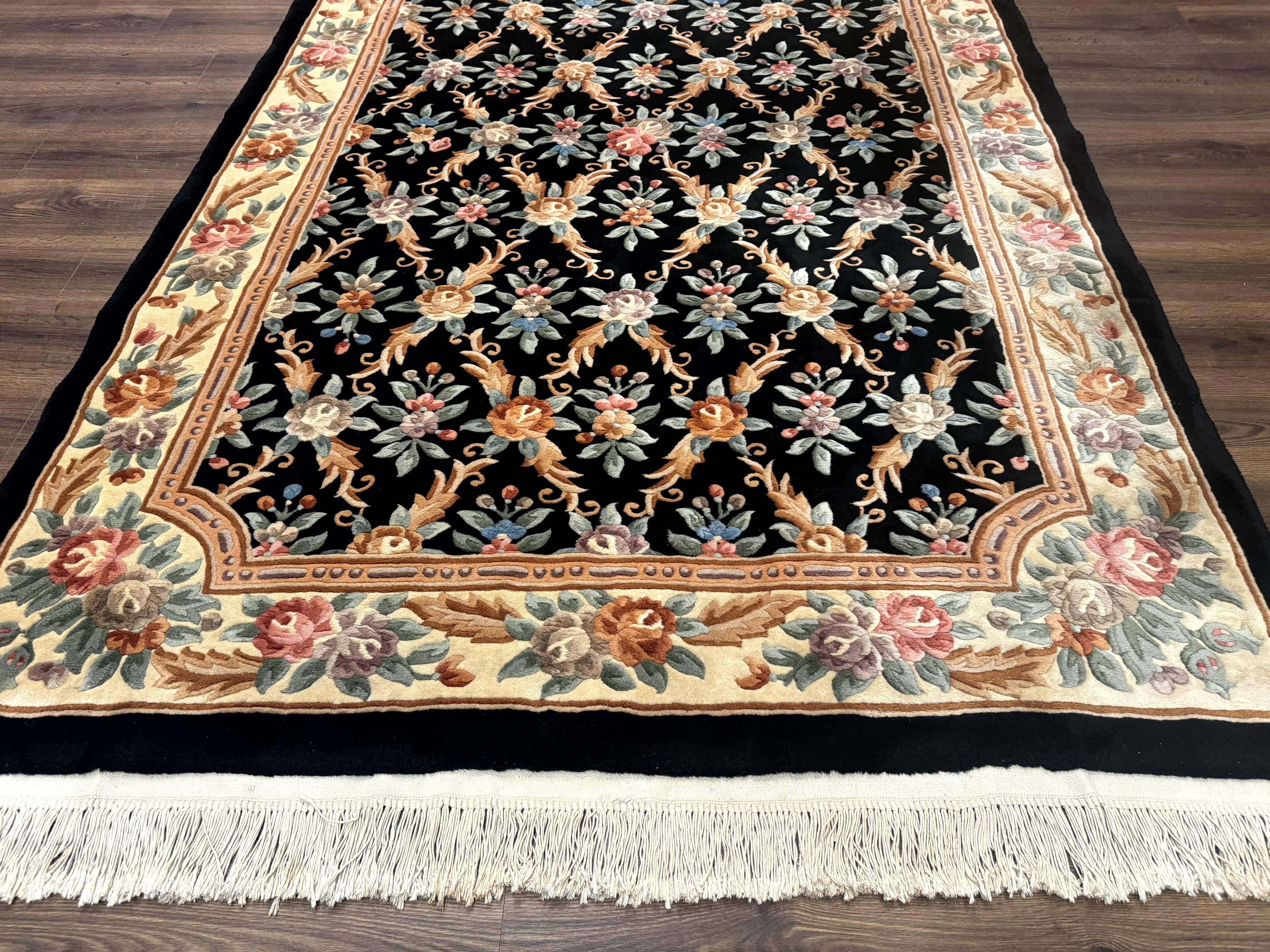 Chinese Wool Rug 6x9, Floral Aubusson Carpet, Black and Cream, 90 Line Rug - Jewel Rugs