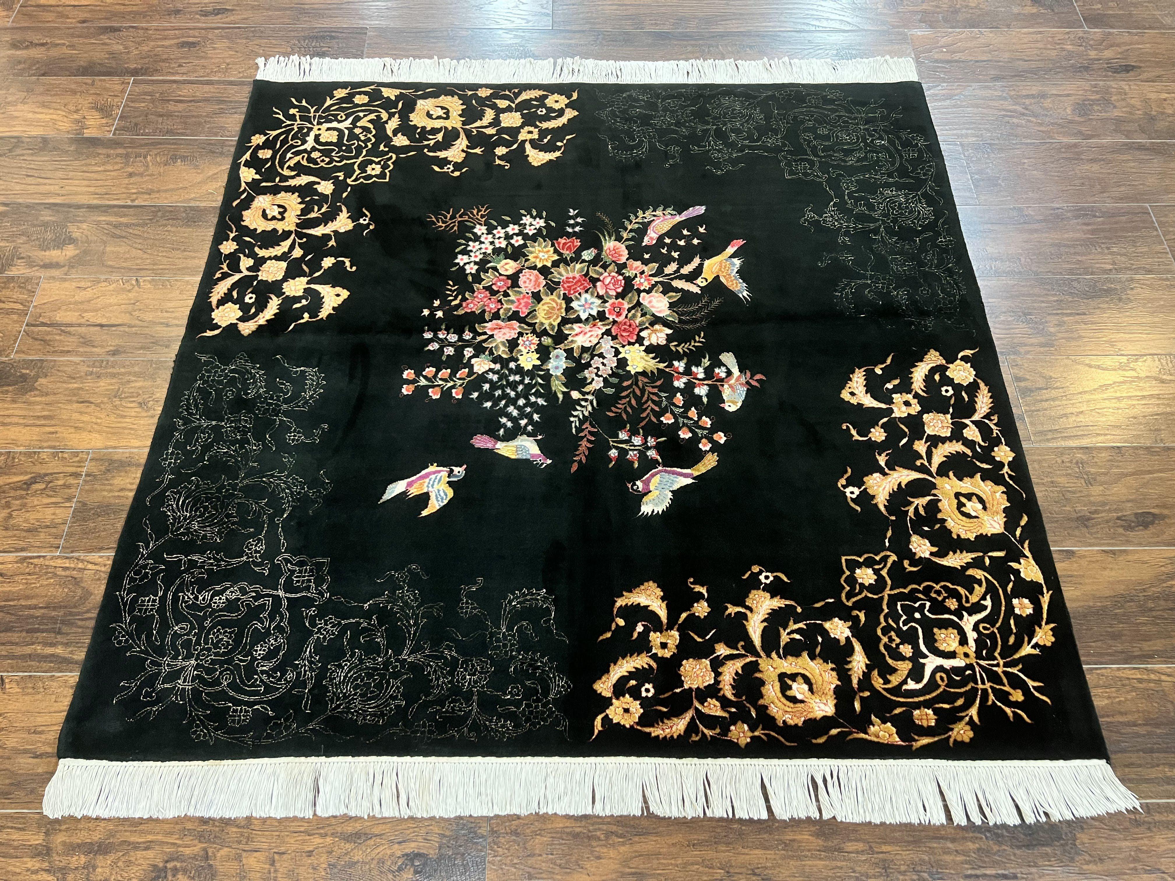 Persian Tabriz Rug 5x5, Wool & Silk Hand Knotted Antique Carpet, Black Square Rug, Floral Bird Motifs, 50 Raj 330 KPSI Very Fine - Jewel Rugs