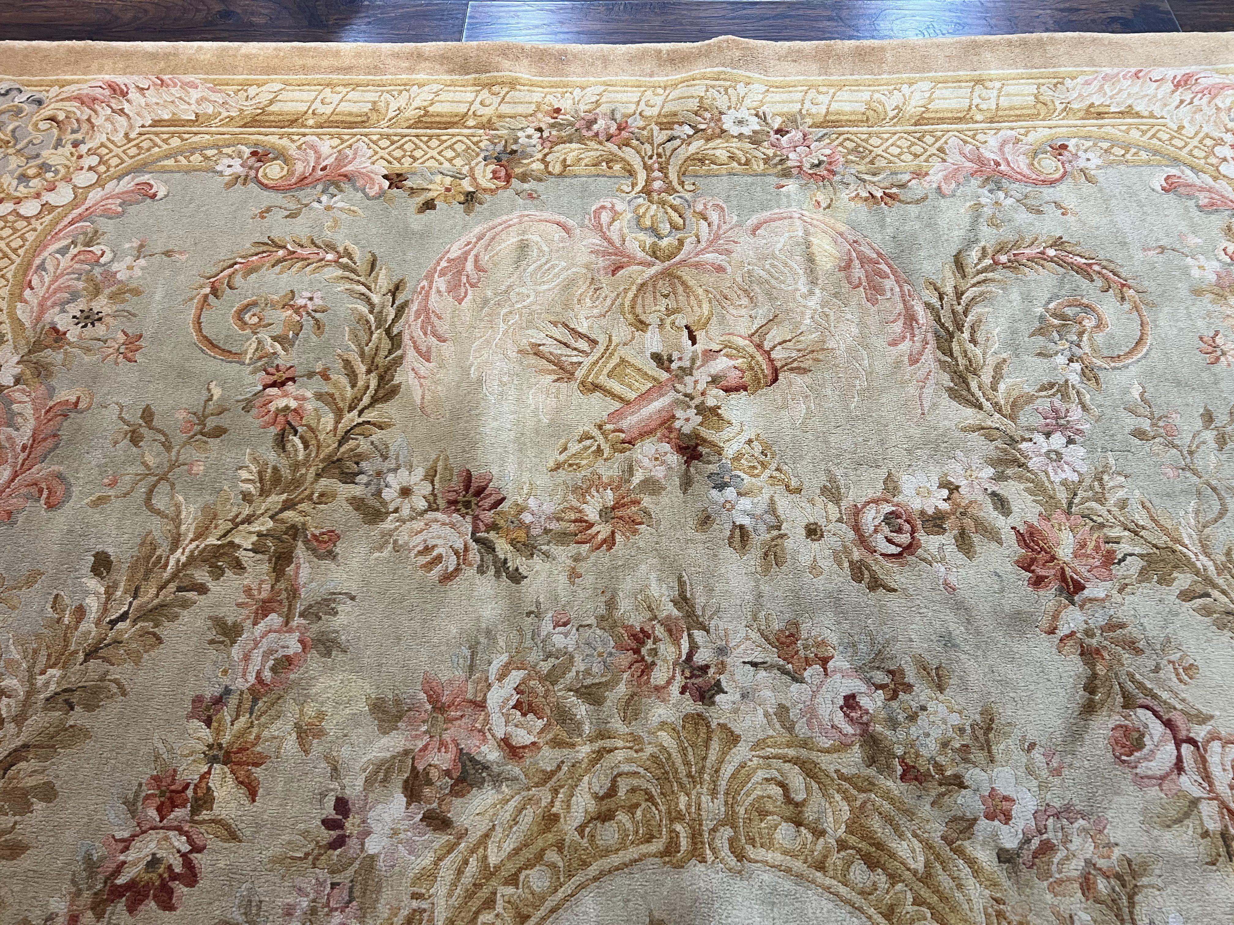 Aubusson Rug 9x12, Wool Hand Knotted Vintage Carpet, European Design, Elegant Room Sized Rug 9 x 12 - Jewel Rugs