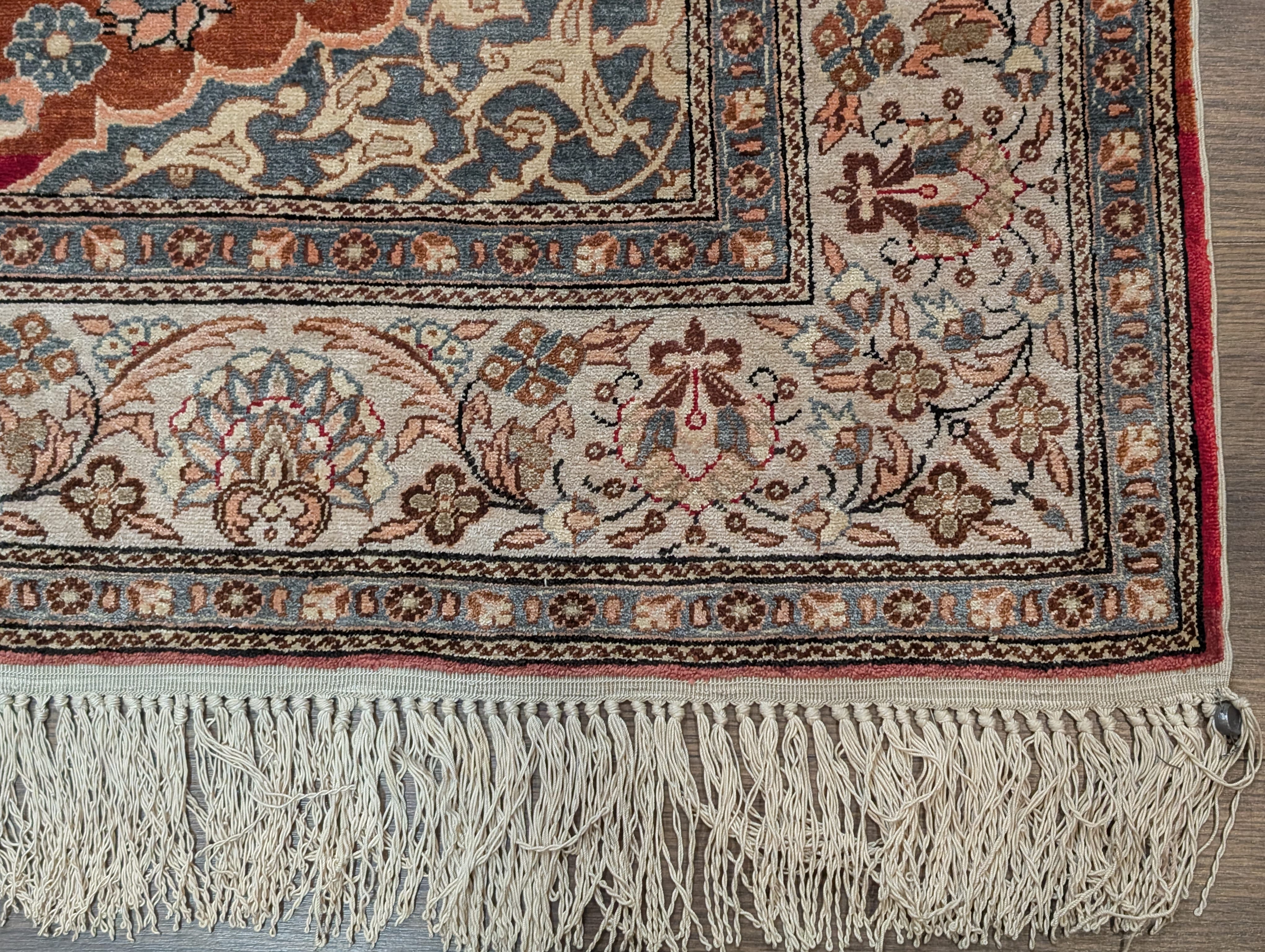 Silk Turkish Hereke Rug 3x5, Fine Hand-Knotted Silk Carpet, Rust Red & Green - Jewel Rugs