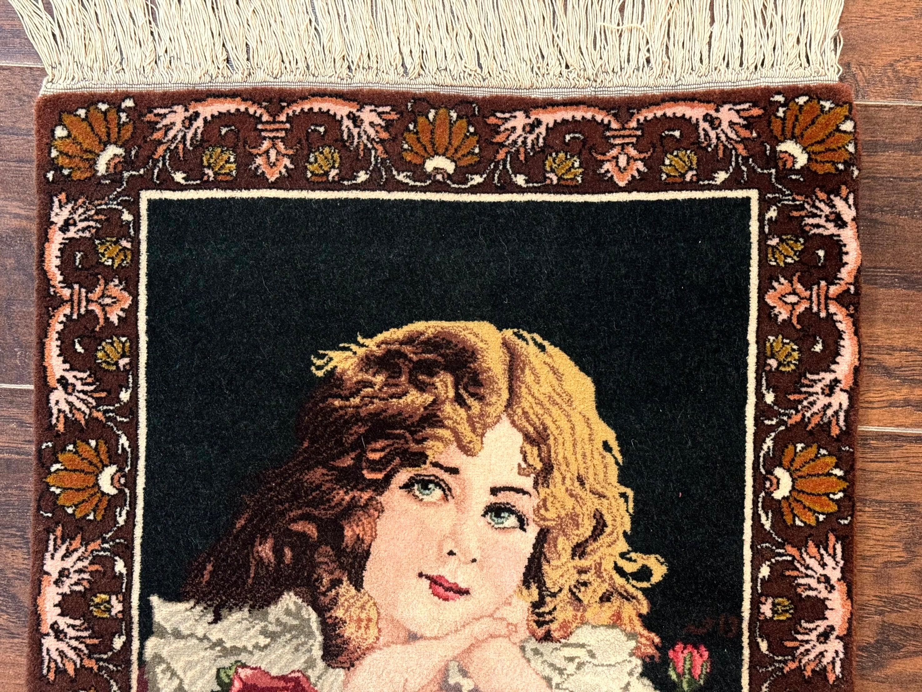Small Persian Tabriz Pictorial Rug of Young Girl, Very Fine 380 KPSI, Portrait of Young Lady with Roses, Handmade, Persian Rug for Wall Hanging - Jewel Rugs