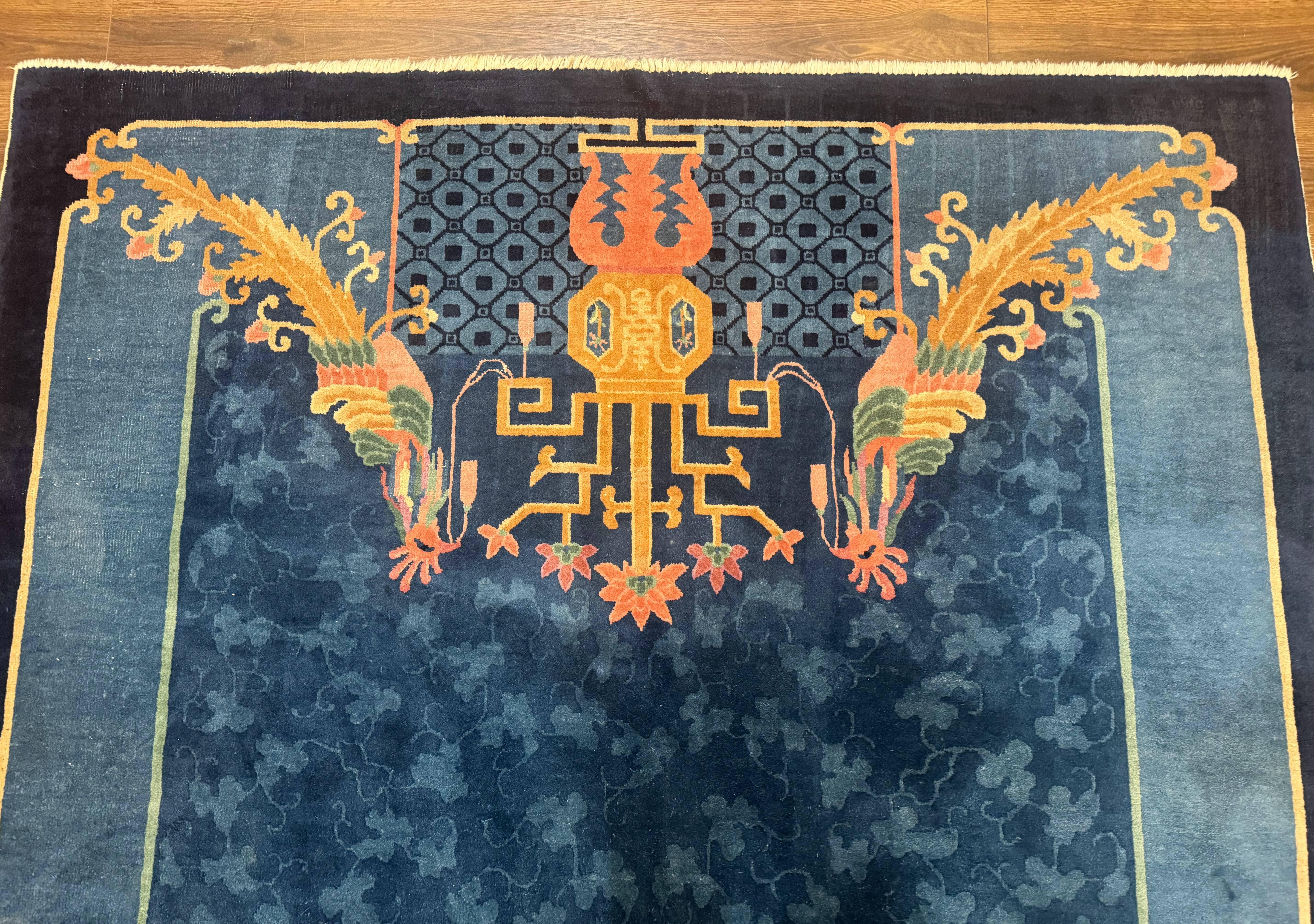 Blue Chinese Wool Rug 6x9, Chinese Peking Rug, Peacocks and Vases, Vintage Carpet - Jewel Rugs