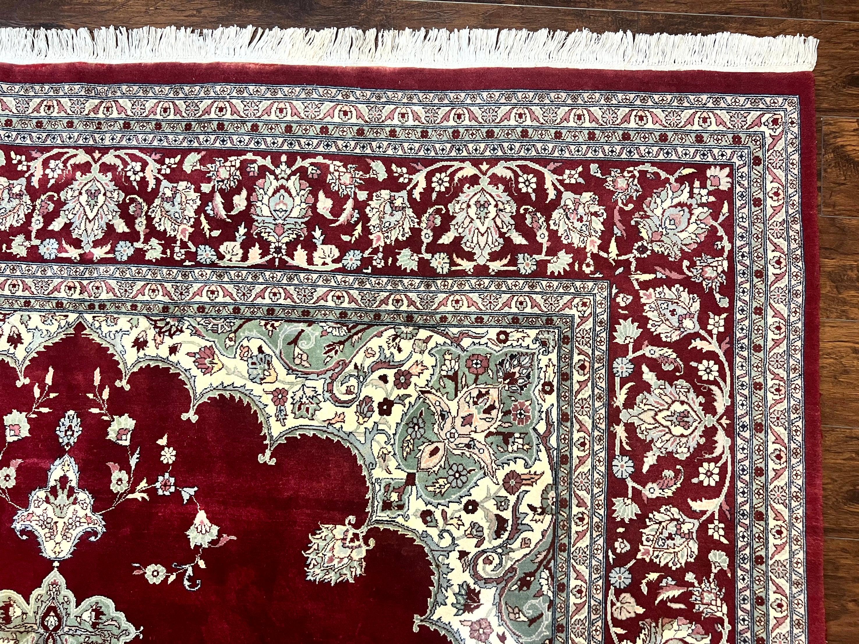 Pak Persian Rug 9x12, Handmade Vintage Traditional Wool Carpet, Floral Medallion, Dark Red Ivory/Cream, Fine 250 KPSI - Jewel Rugs