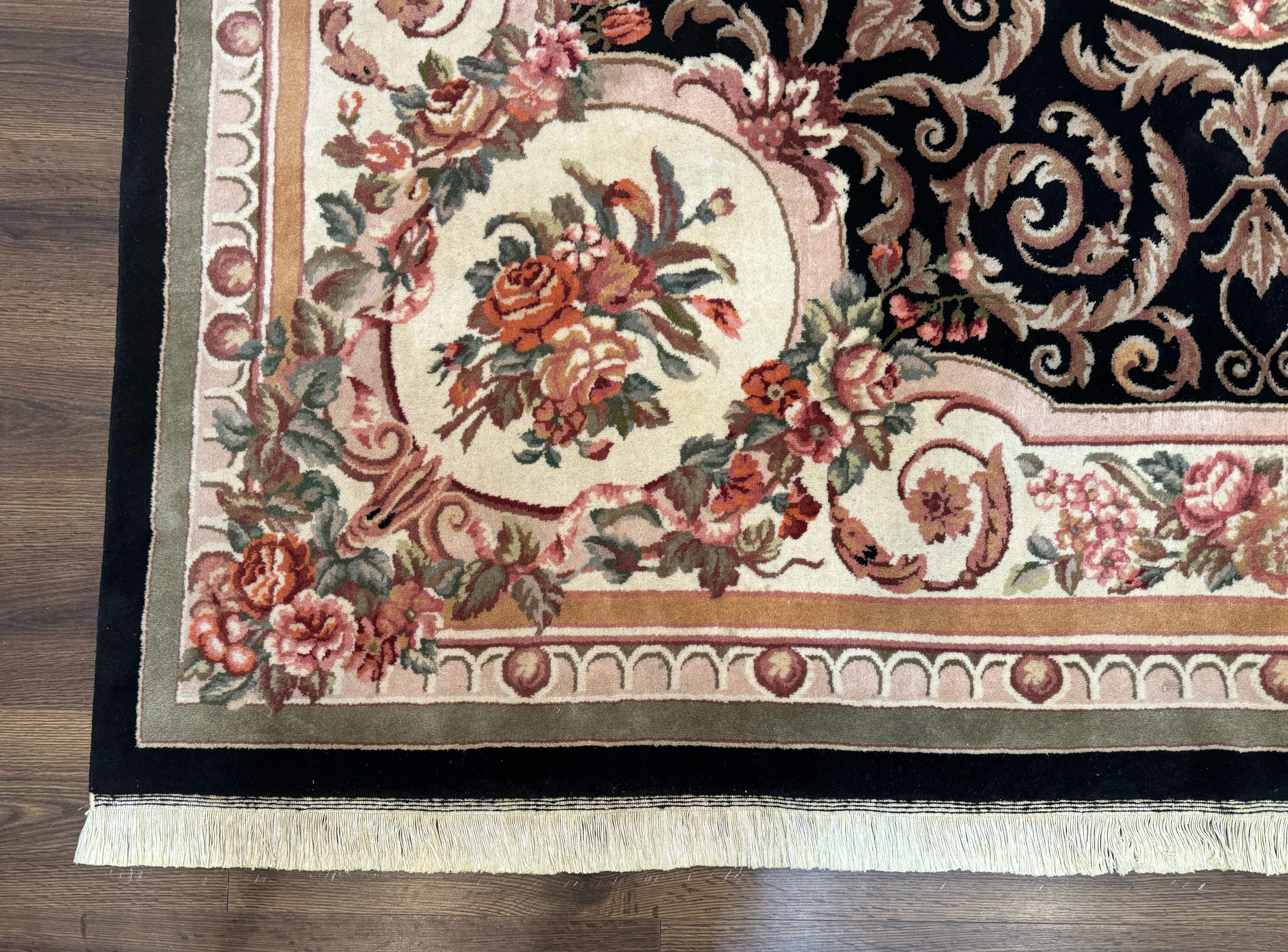 Aubusson Rug 8x10 – Black and Ivory, Hand-Knotted Wool, Vintage Carpet - Jewel Rugs