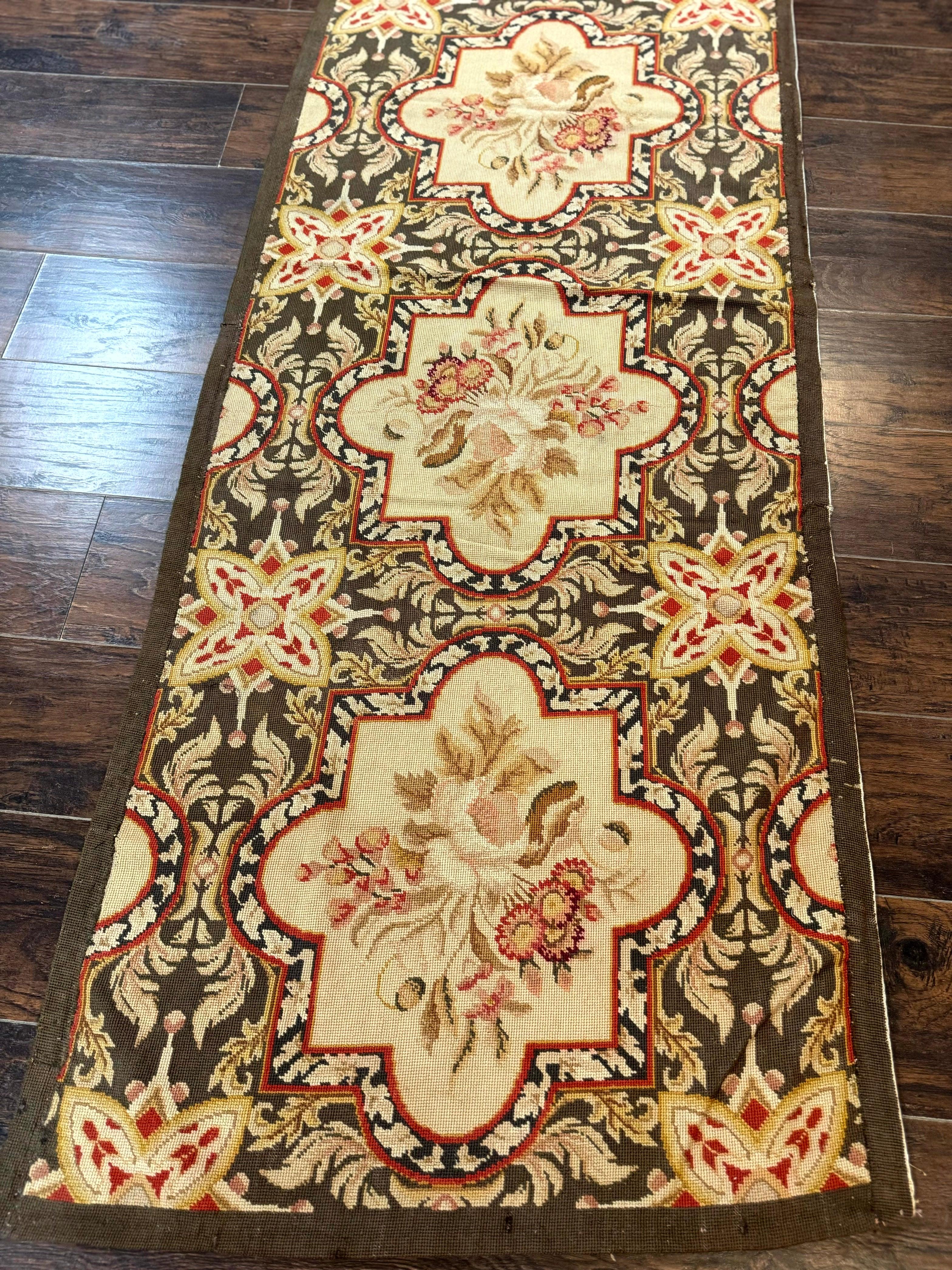 Needlepoint Runner Rug 2.7 x 9.7, European French Design, Wool, Handmade, Vintage - Jewel Rugs