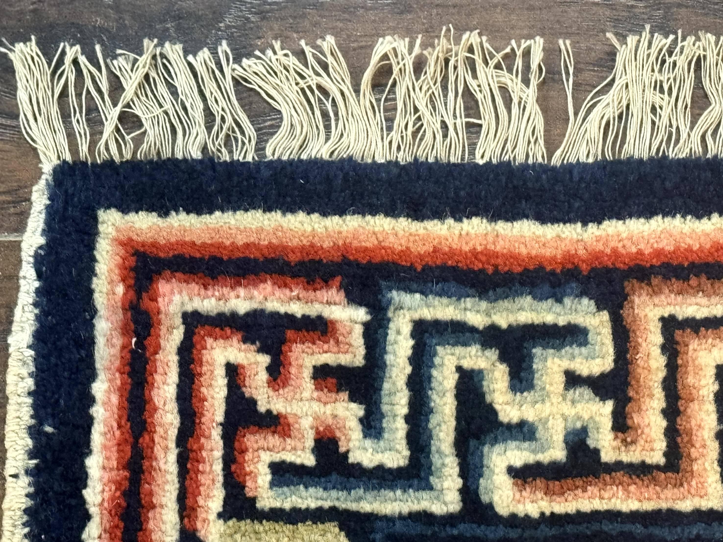 Small Antique Chinese Rug 2x2, Red Blue Square Rug Mat, Handmade, Tibetan Rug - Jewel Rugs