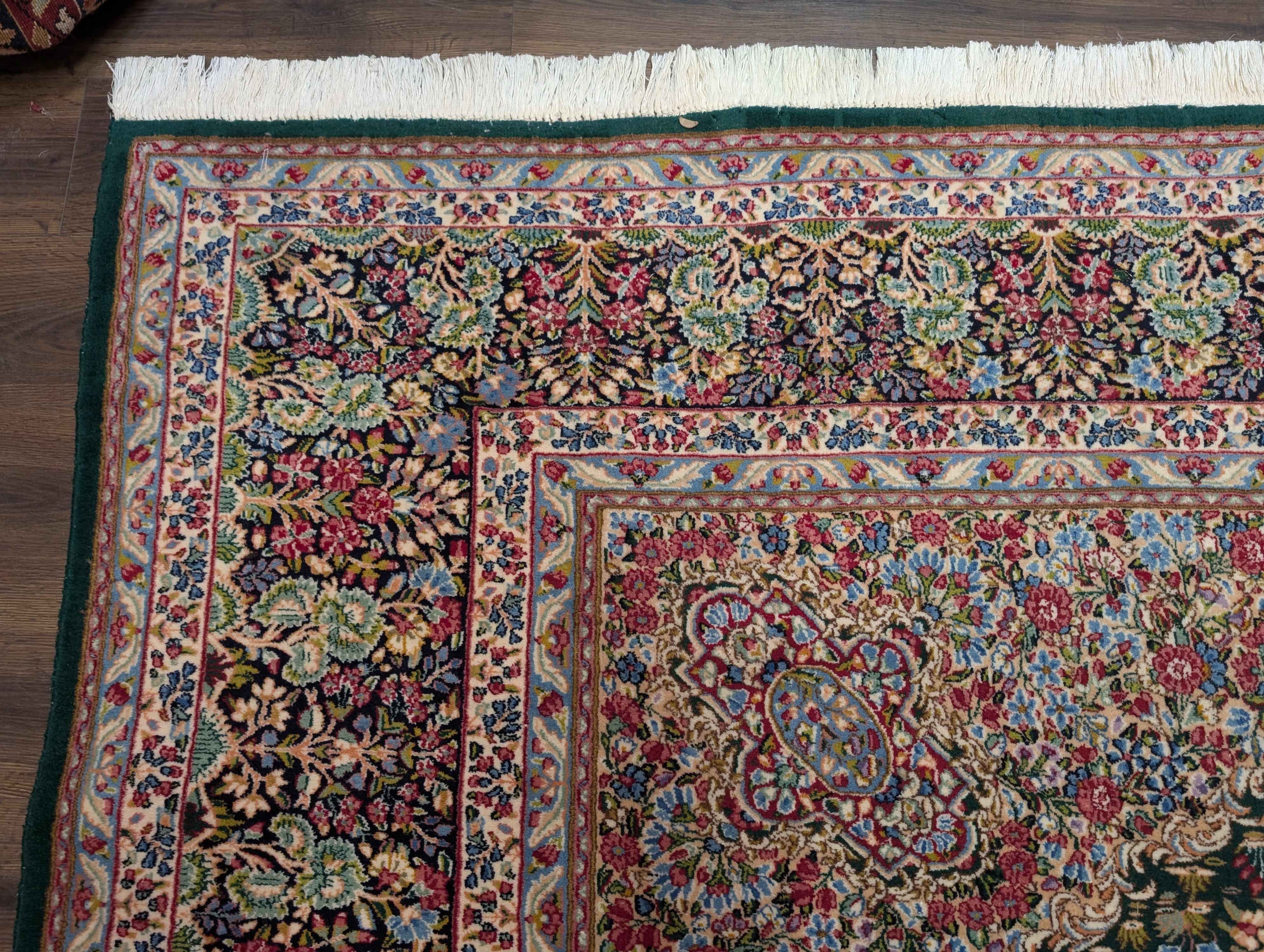 Persian Kirman Rug 10x12, Millefleur, Hand-Knotted Wool Carpet, Dark Green Multicolor - Jewel Rugs