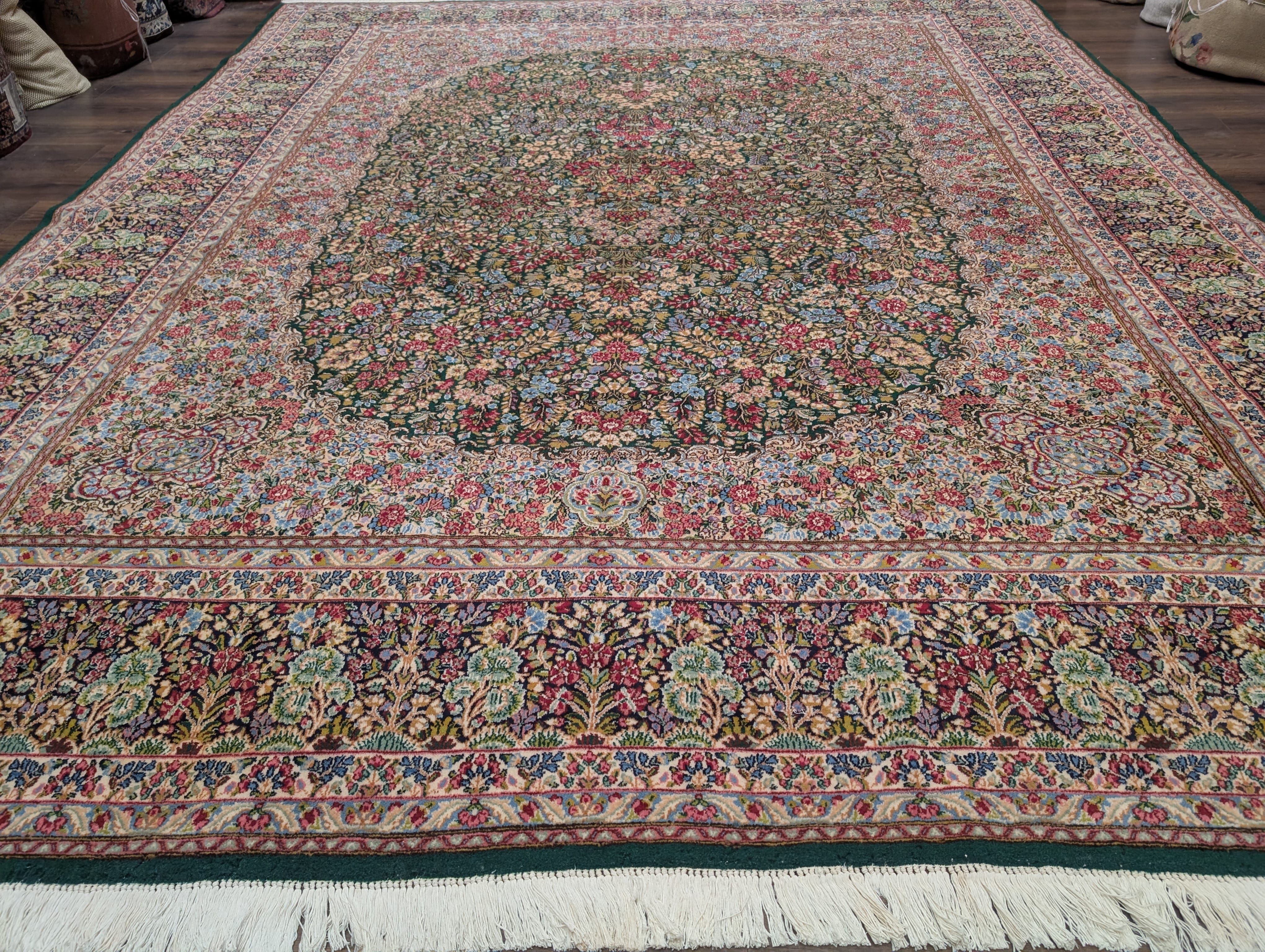 Persian Kirman Rug 10x12, Millefleur, Hand-Knotted Wool Carpet, Dark Green Multicolor - Jewel Rugs