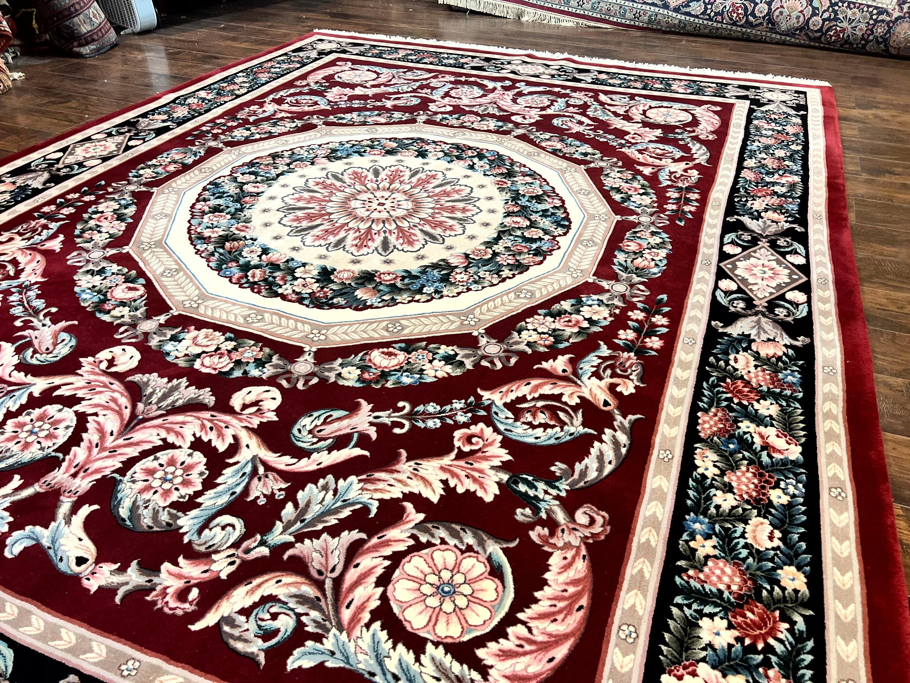 Chinese Aubusson Rug 9x12, Burgundy, Handmade Vintage Wool Carpet, Fine 210 KPSI, Elegant European Design - Jewel Rugs