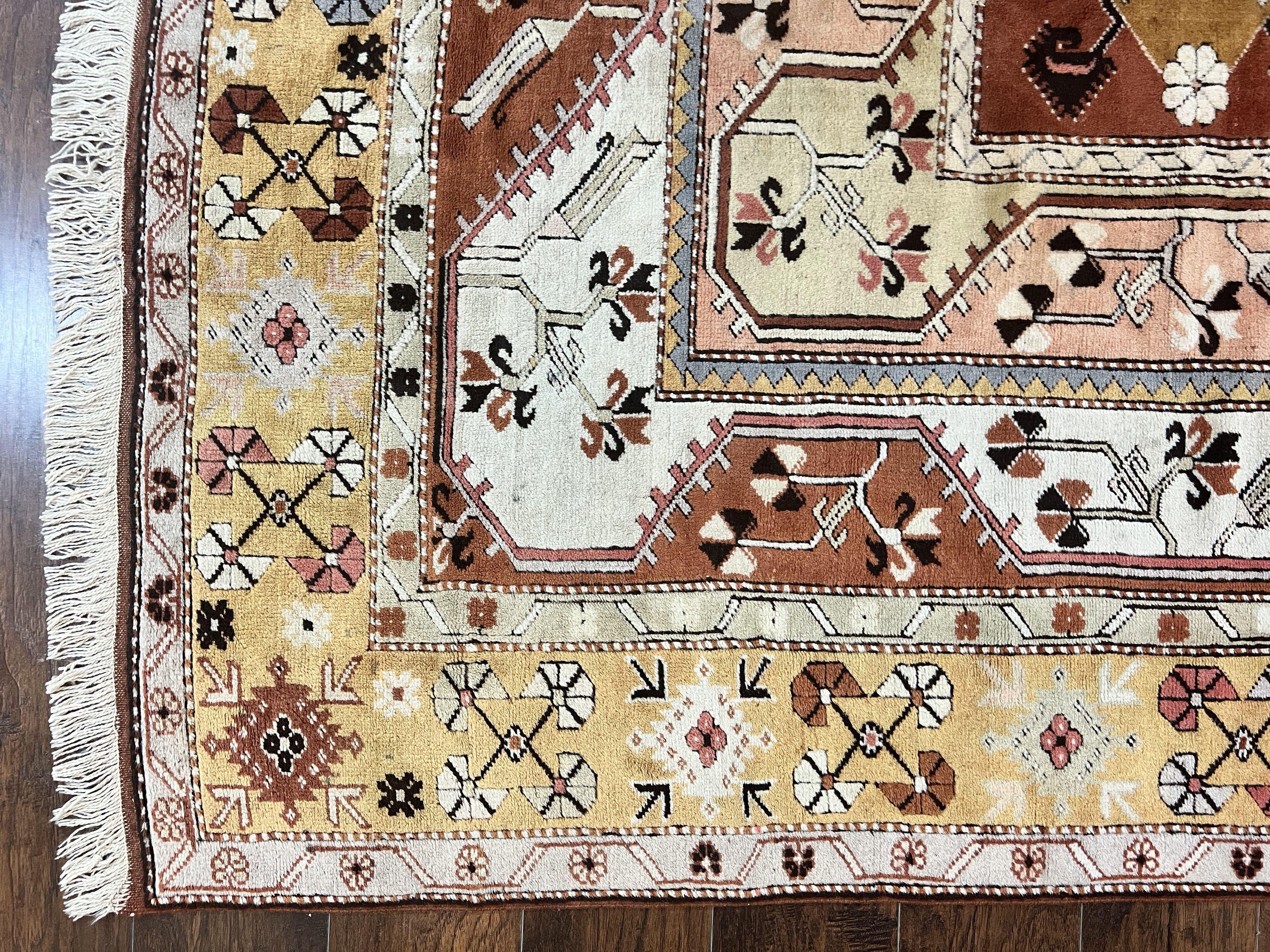 Turkish Rug 7x10, Wool Hand Knotted Vintage Carpet, Geometric Kazak Pattern - Jewel Rugs