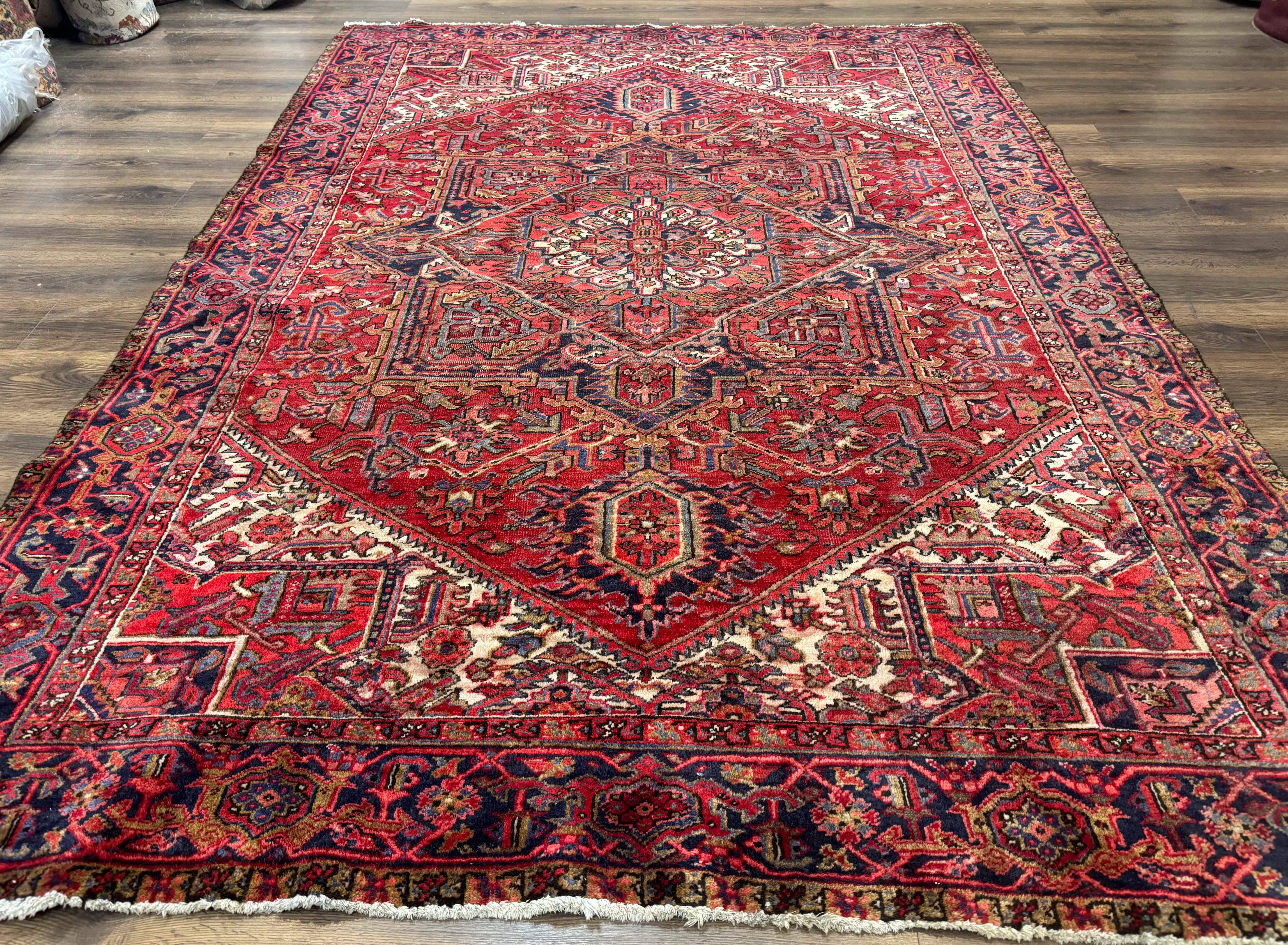 Persian Heriz Rug 7x10, Geometric Pattern, Red Ivory Navy Blue - Jewel Rugs