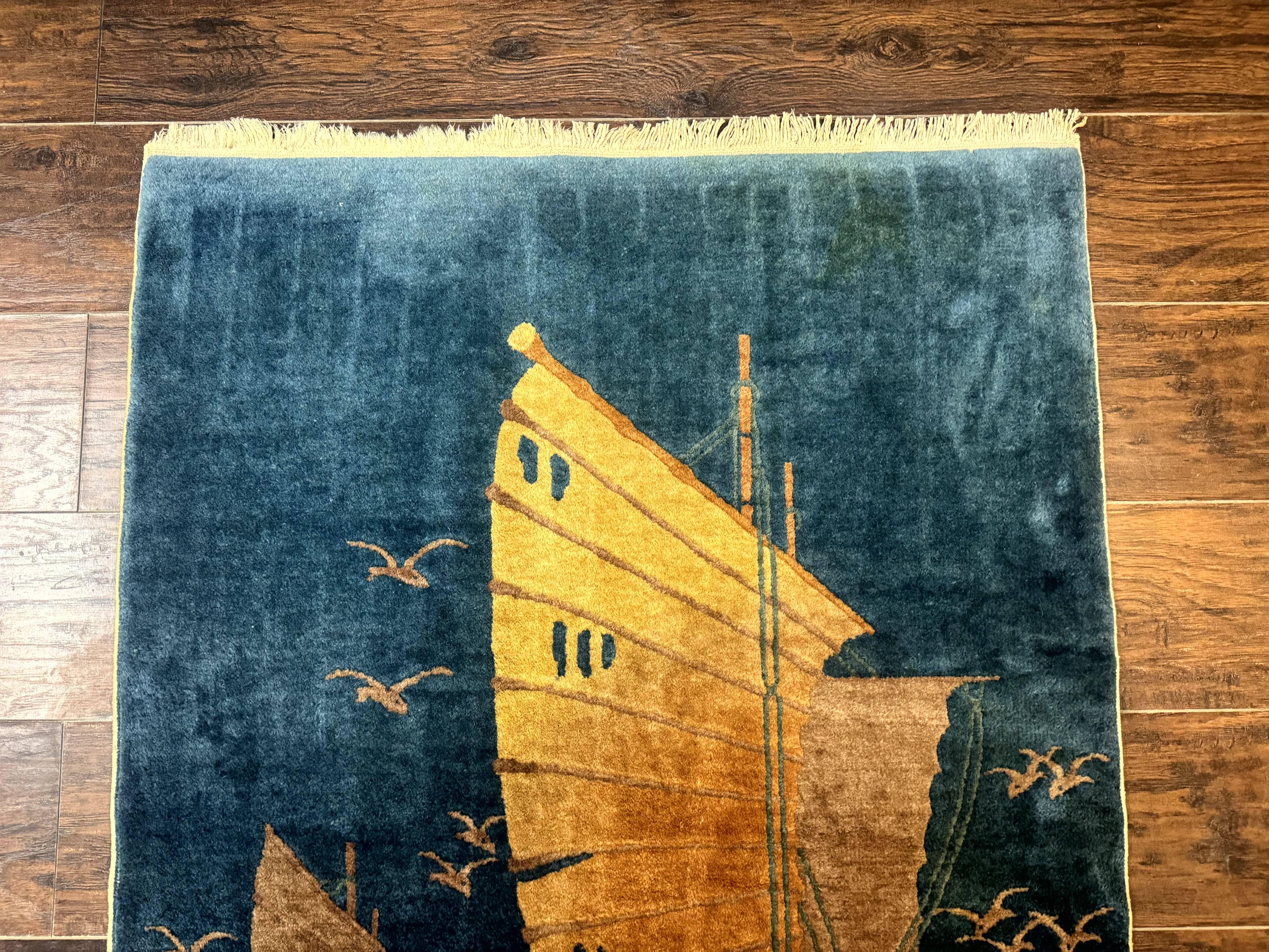 Chinese Art Deco Rug 3x5, Blue, Sailboat and Birds, Seagulls, Ocean, Vintage, Handmade, Chinese Wool Rug, Peking Rug - Jewel Rugs