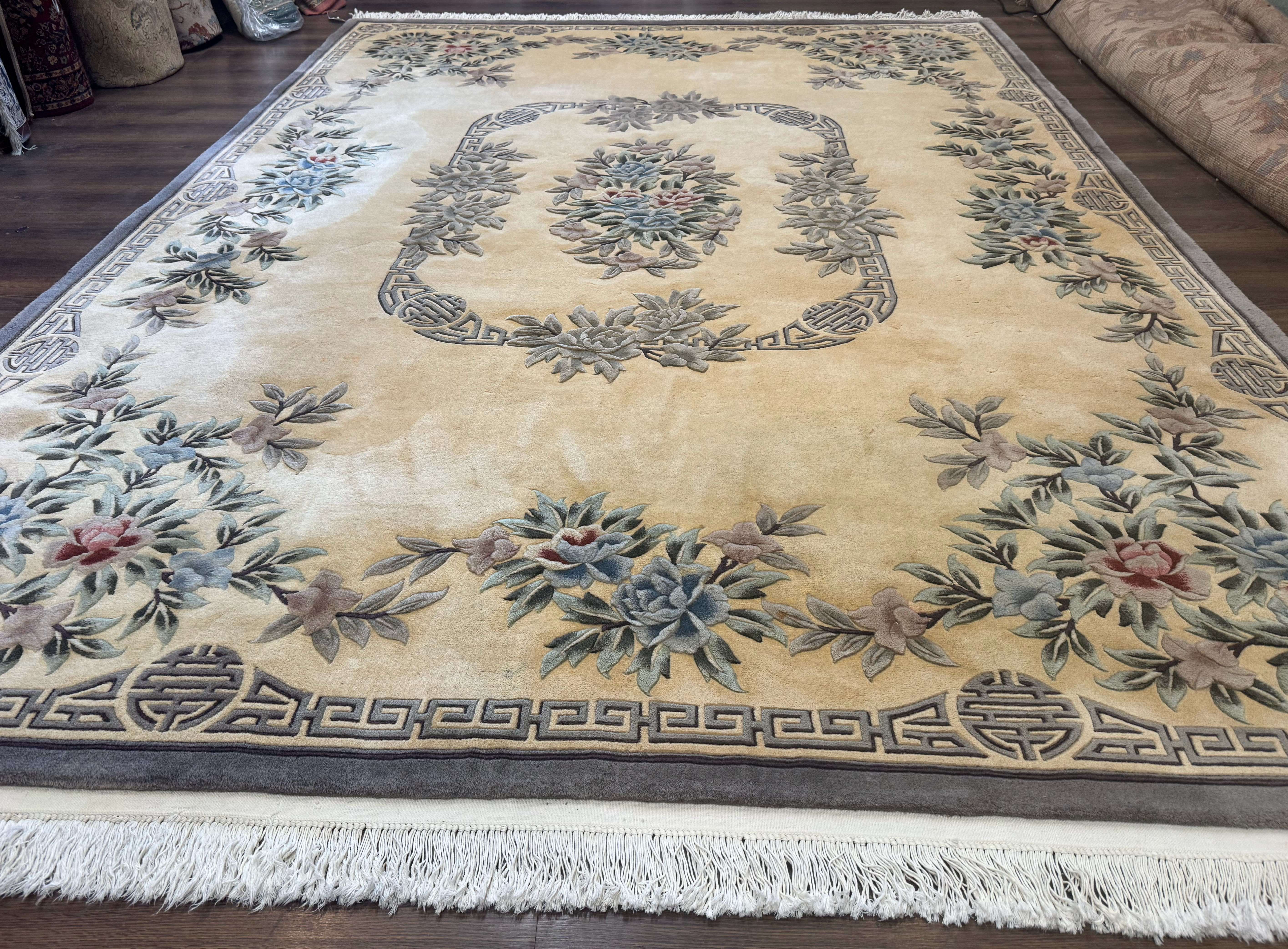 Chinese Wool Rug 9x12, Carving 90 Line Carpet, Floral, Cream and Green - Jewel Rugs