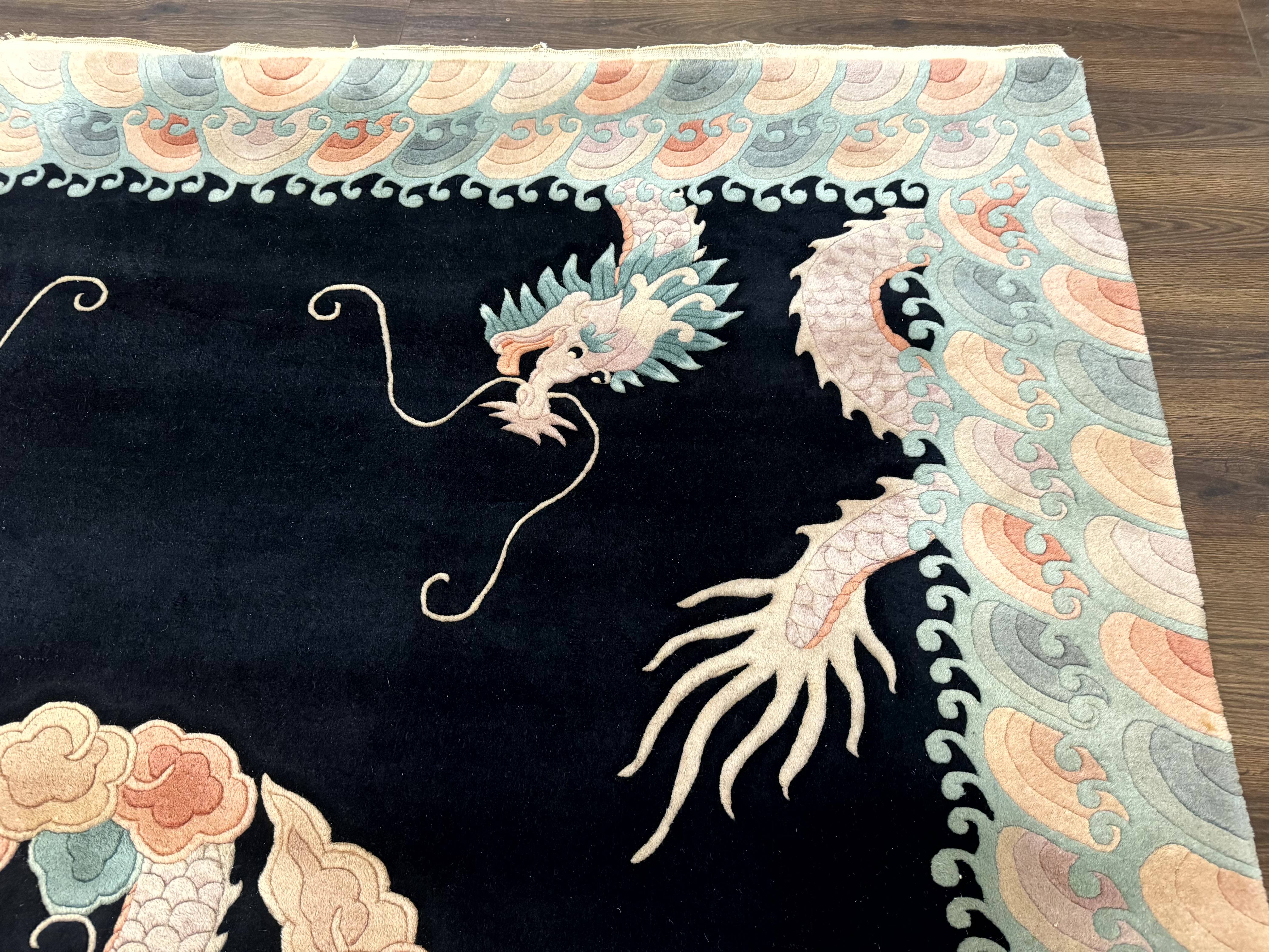 Black Chinese Wool Rug 8x10 with Dragons, Rainbow Borders, Rare - Jewel Rugs