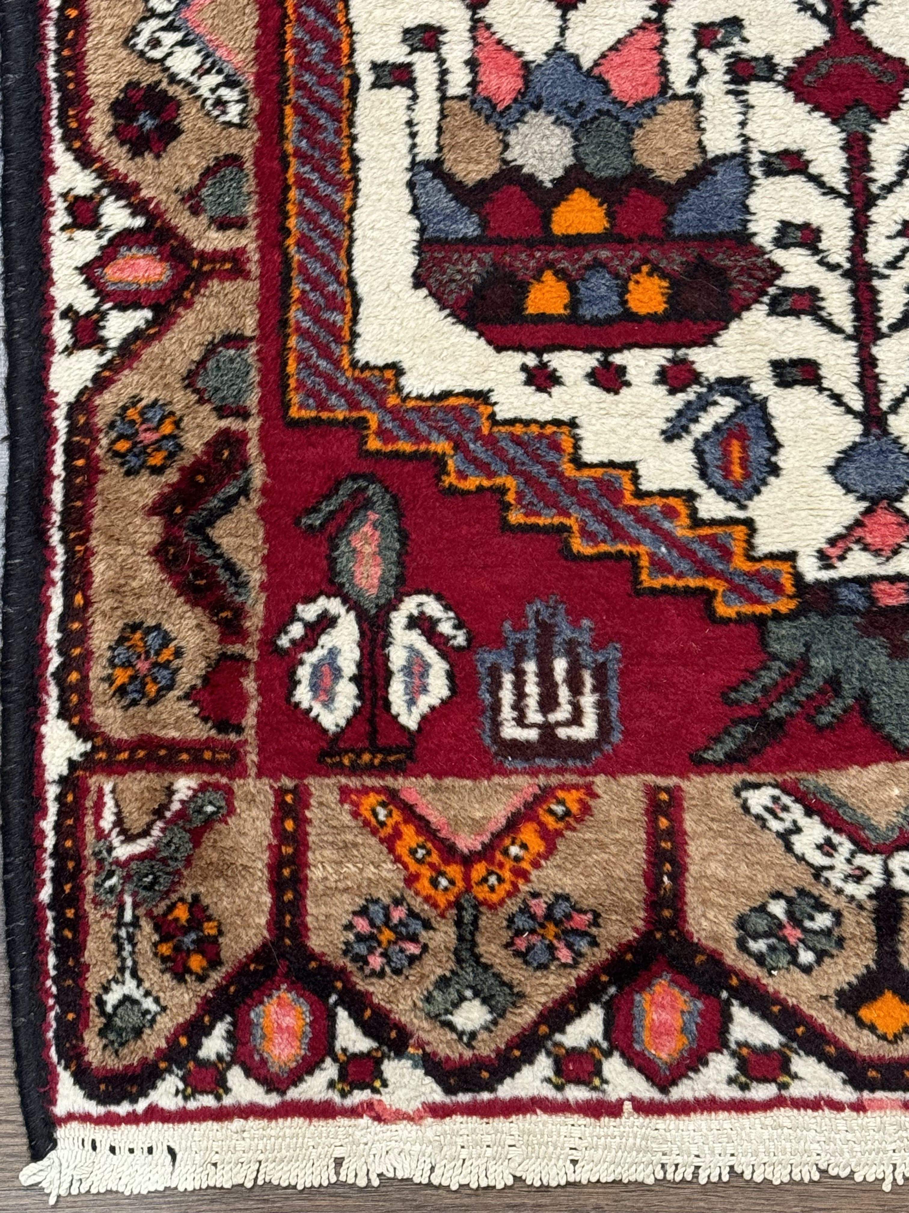 Small Persian Rug 3x4 – Ivory and Red Hand-Knotted Wool Vintage Malayer Hamadan Rug - Jewel Rugs