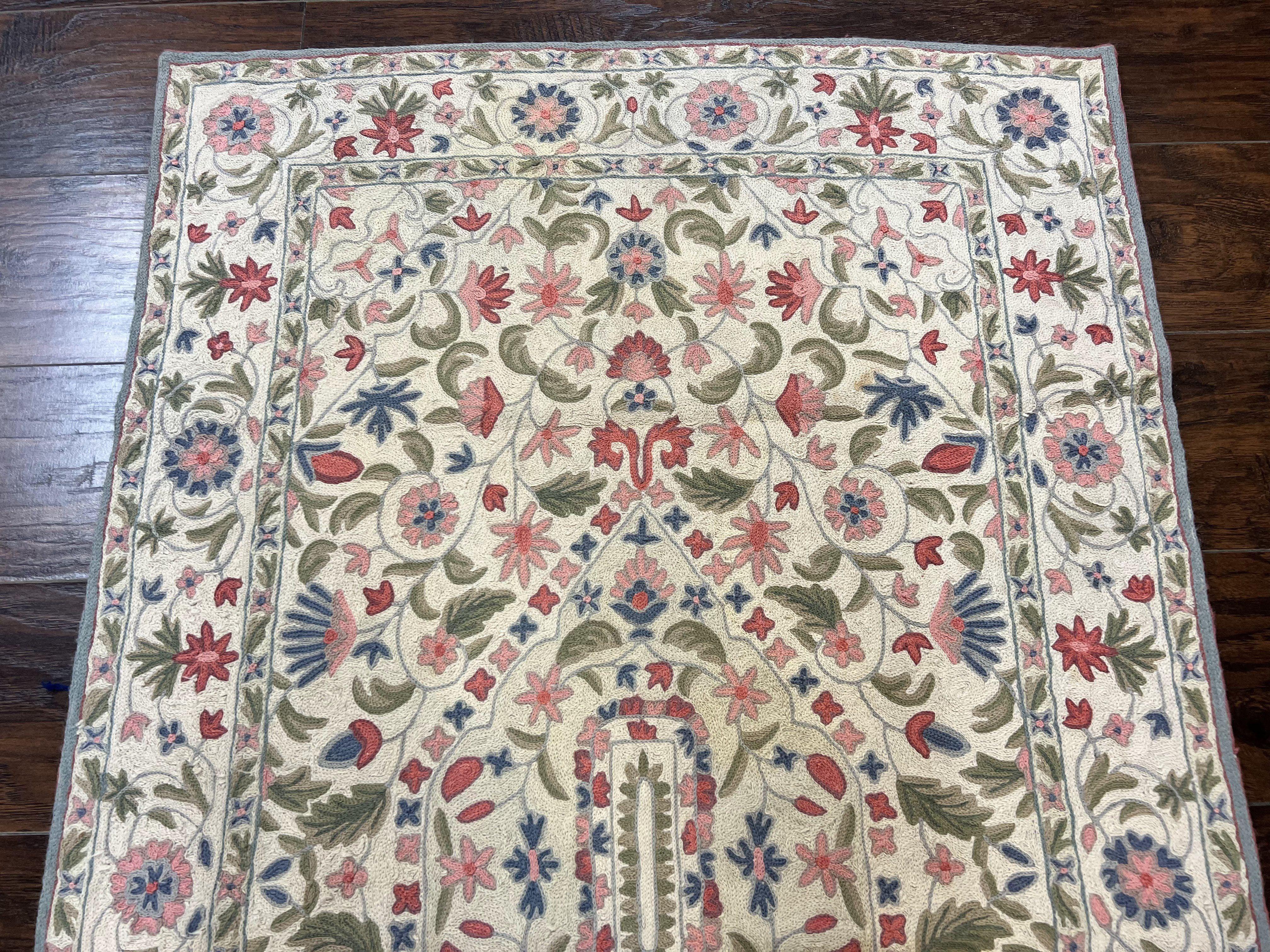 Hand Stitched Indian Rug 4x5, Floral, Vintage Hand Embroidered Rug - Jewel Rugs