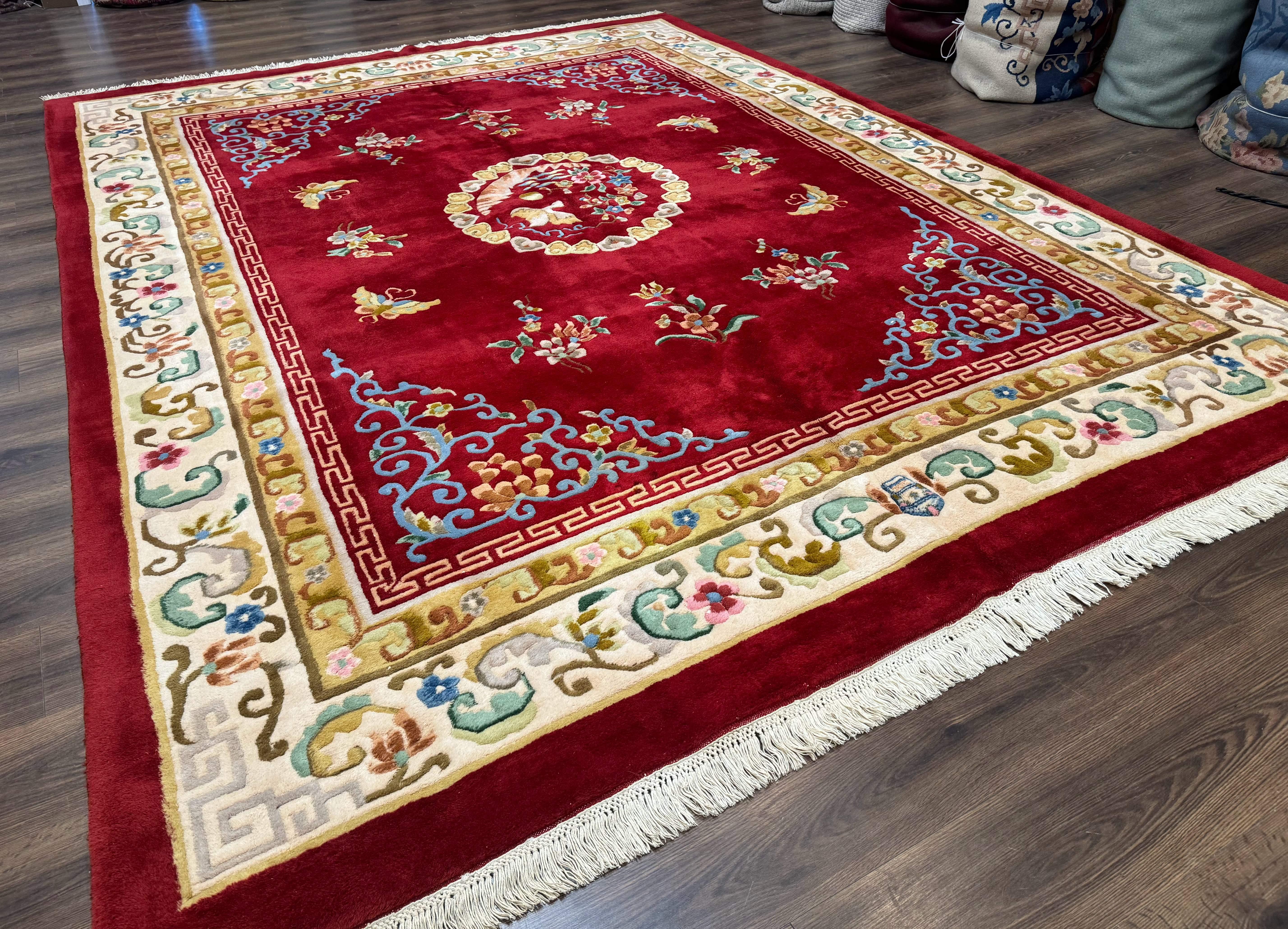 Indo Chinese Wool Rug 9x12, Red Art Deco Carpet, Vintage - Jewel Rugs