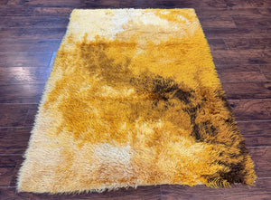 Rya Shag Rug 4.6 x 6, Shades of Yellow, Mid Century Vintage Carpet