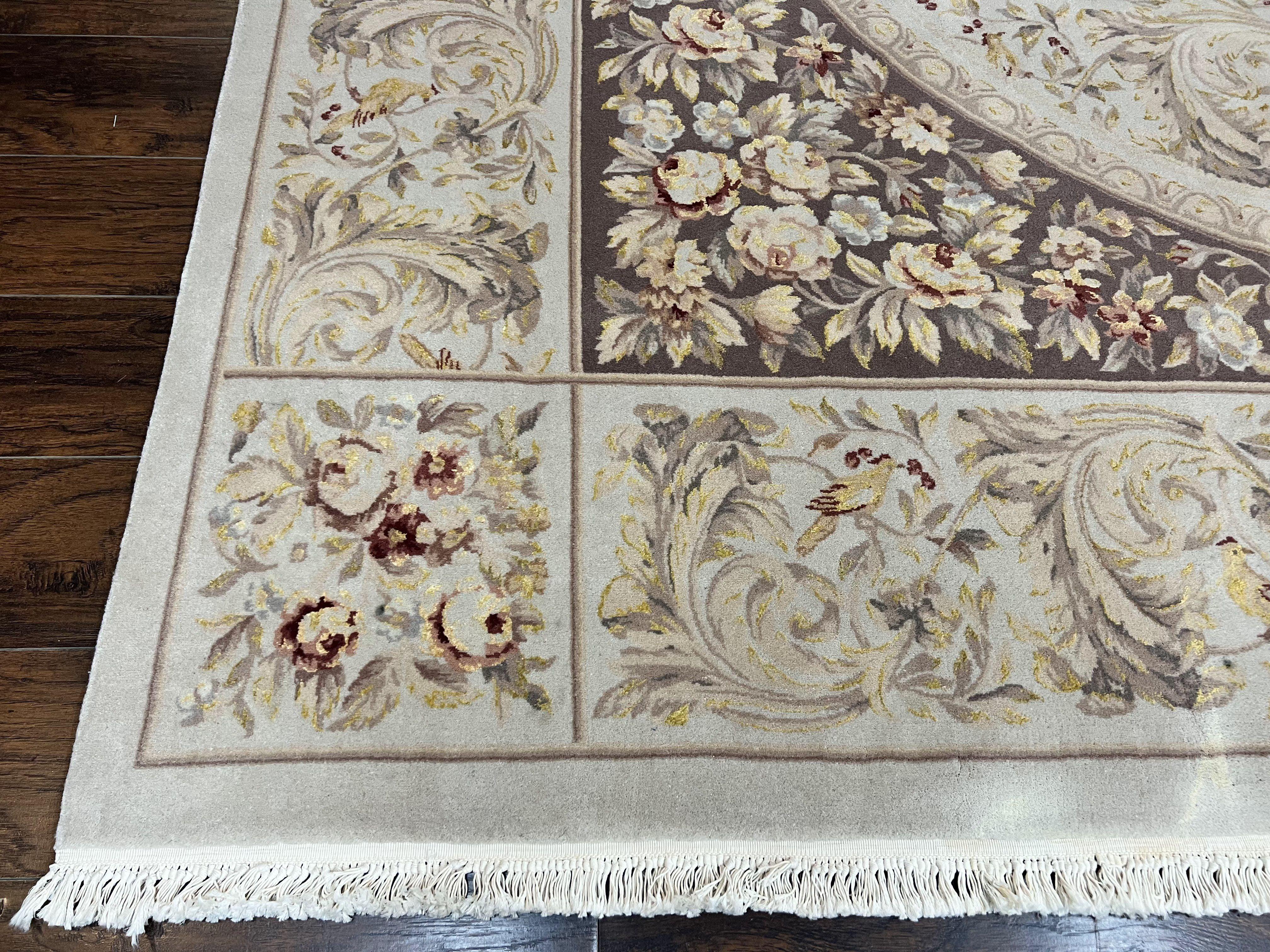 Aubusson Rug 10x14, Wool & Silk Highlights Hand Knotted Vintage Carpet, Birds Flowers, Fine Details, Elegant - Jewel Rugs