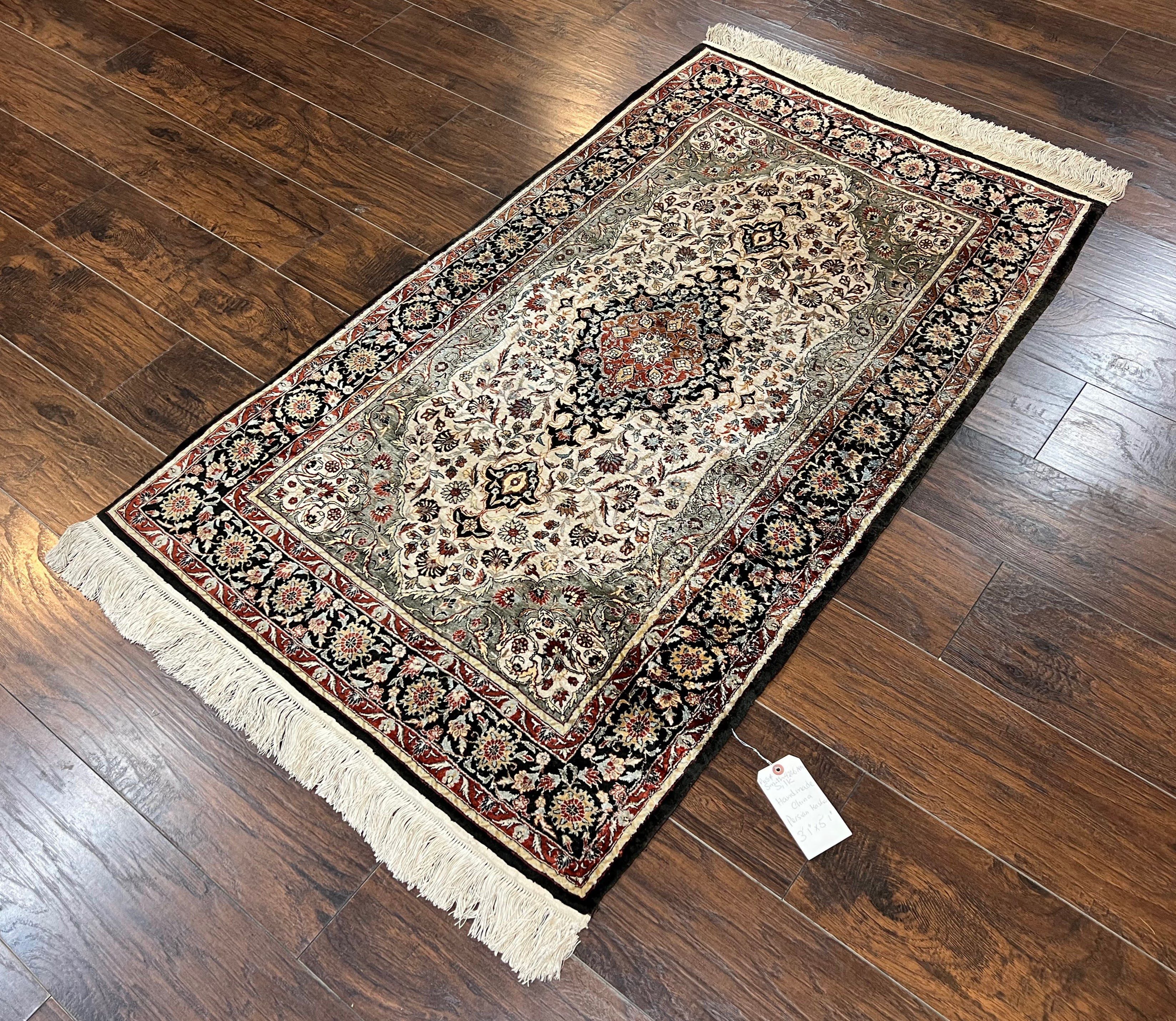 Silk Sino Persian Rug 3x5, Floral Medallion, Hand Knotted Silk Pile Silk Foundation, Traditional Silk Handmade Oriental Carpet, Cream Black - Jewel Rugs