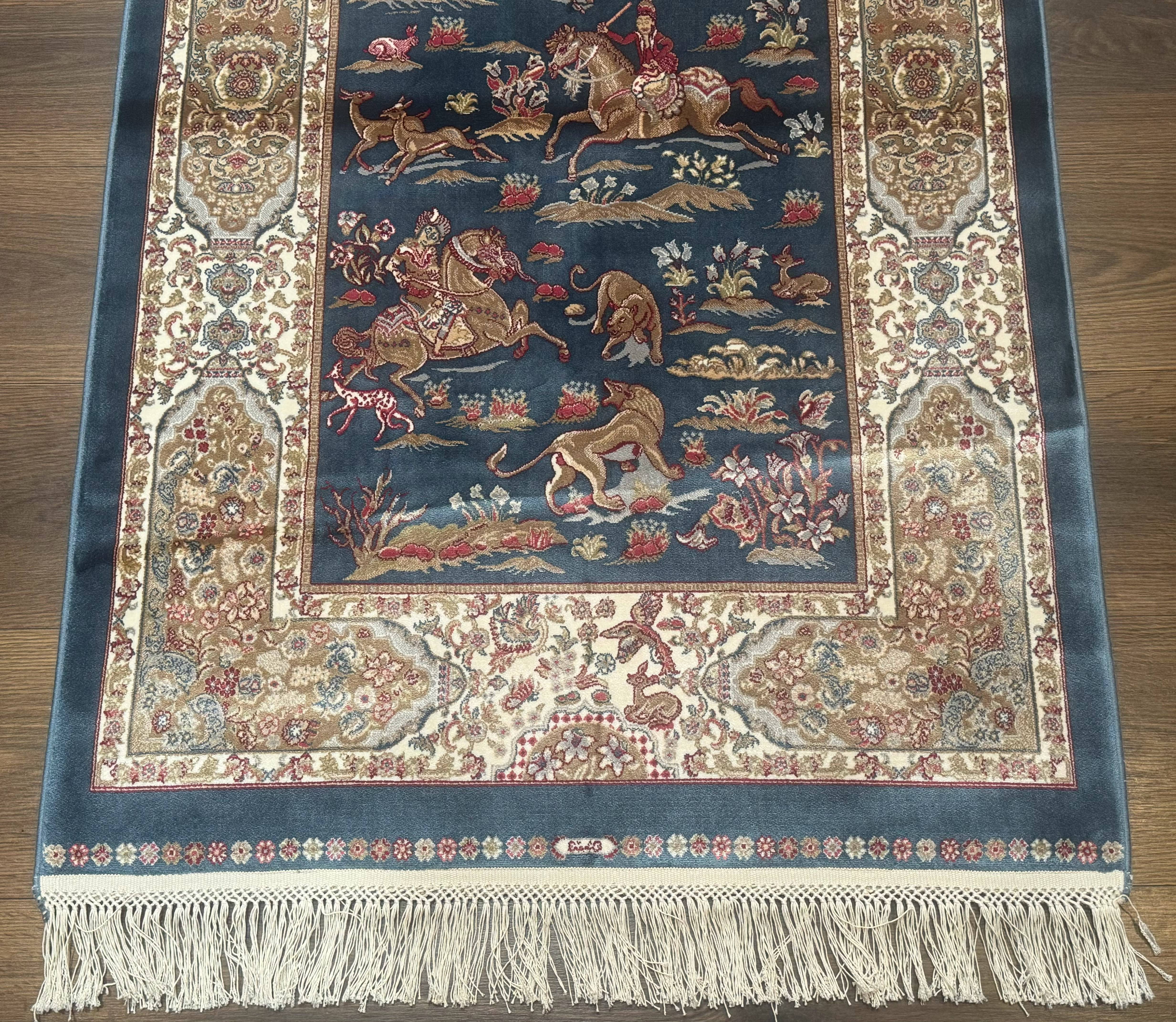 Turkish Silk Hunting Scene Rug 2.6 x 5, Dark Steel Blue & Ivory, Bamboo Silk, New - Jewel Rugs