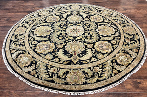 Round Indo Persian Rug 9x9, Wool Hand Knotted Vintage Carpet, Black & Beige, Allover Floral Mahal Rug, 9 x 9 Round Dining Room Rug
