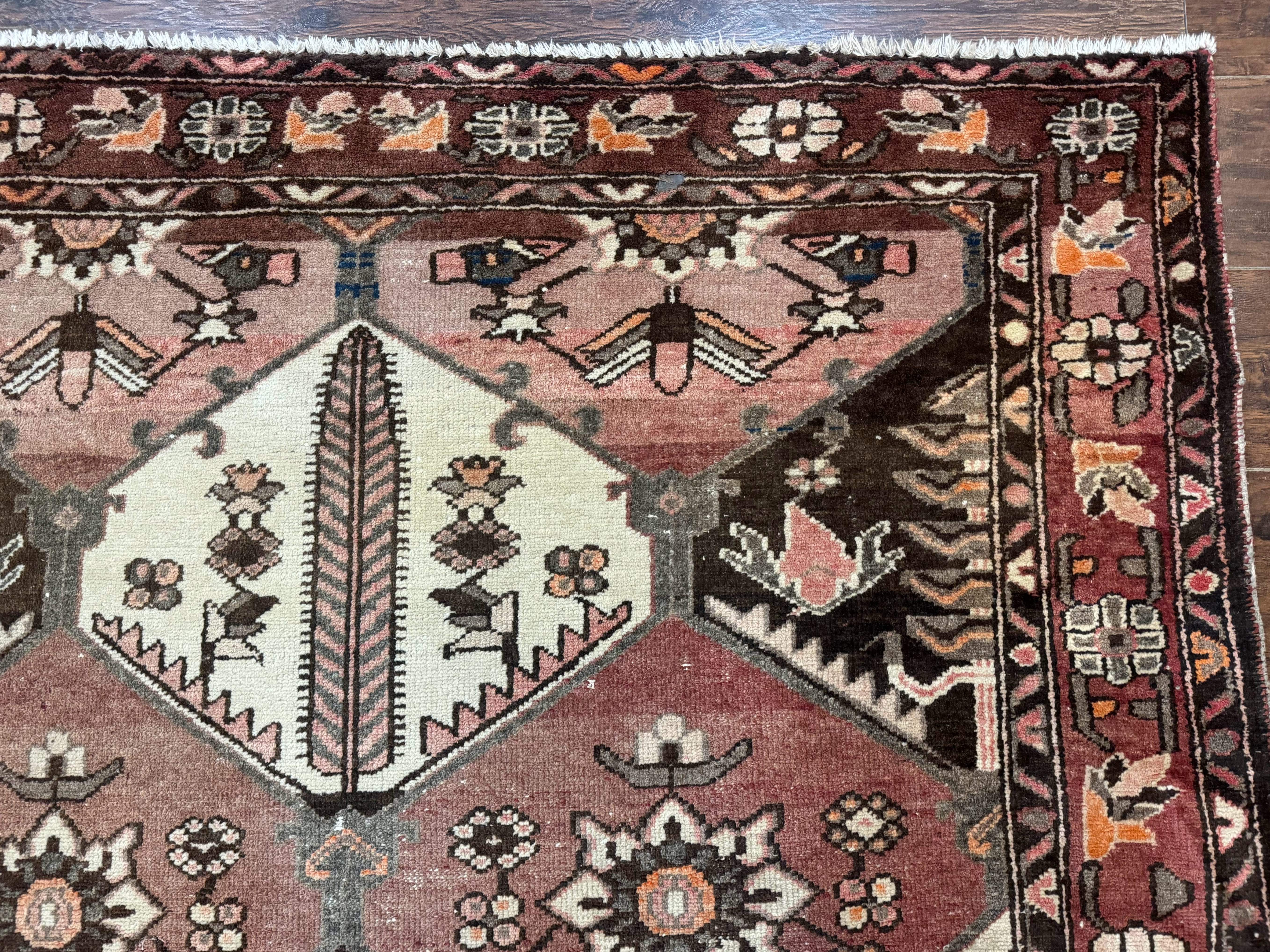 Persian Bakhtiari Rug 5x7 – Muted Rose and Cream, Wool Tribal Carpet, Geometric Panel Design - Jewel Rugs