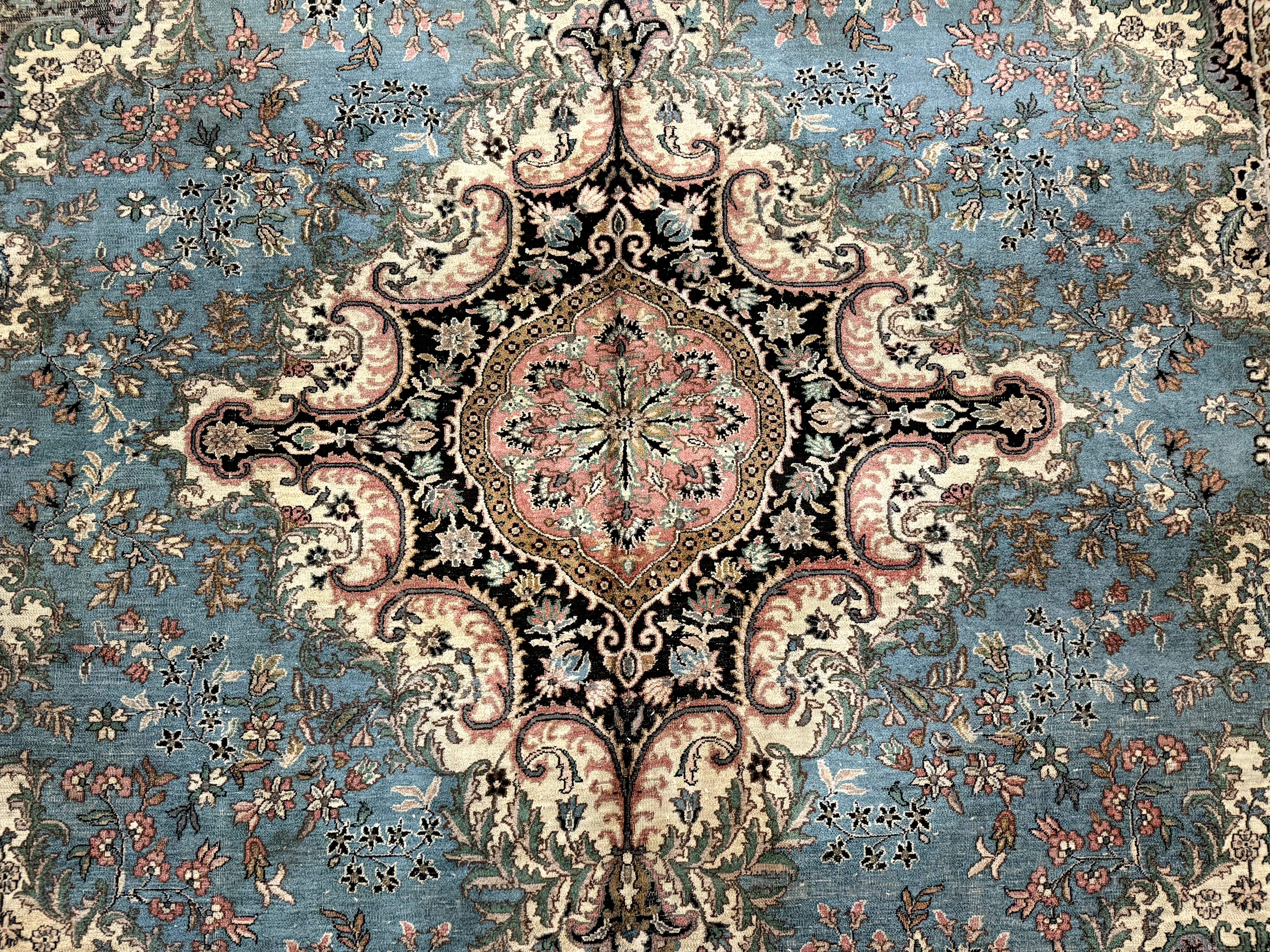 Silk Indian Kashmiri Rug 7x10 – Light Blue, Handmade Vintage Carpet, Low Pile - Jewel Rugs