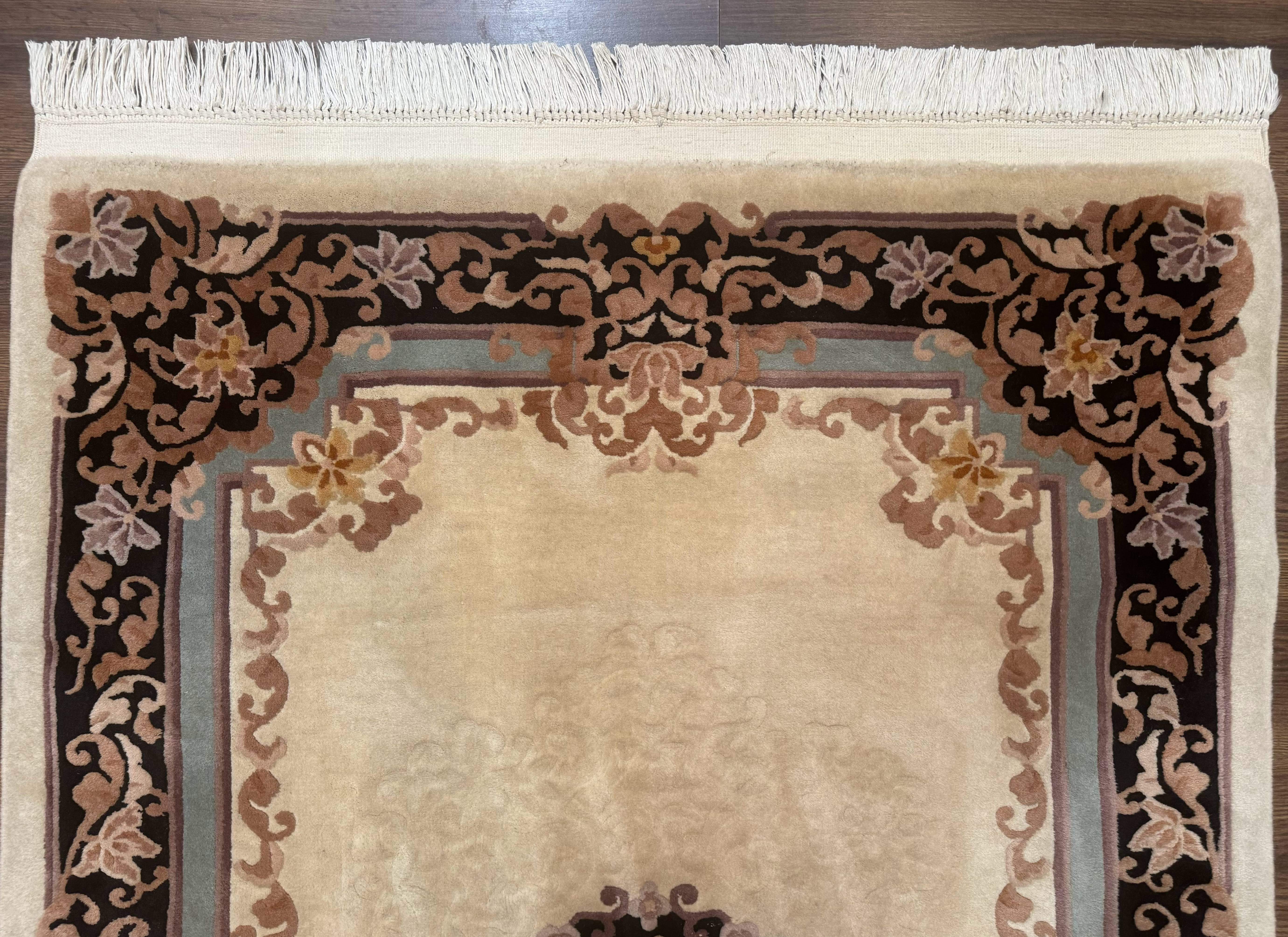 Chinese Aubusson Wool Rug 4x6, 90 Line Rug, Wool, Oat & Black - Jewel Rugs