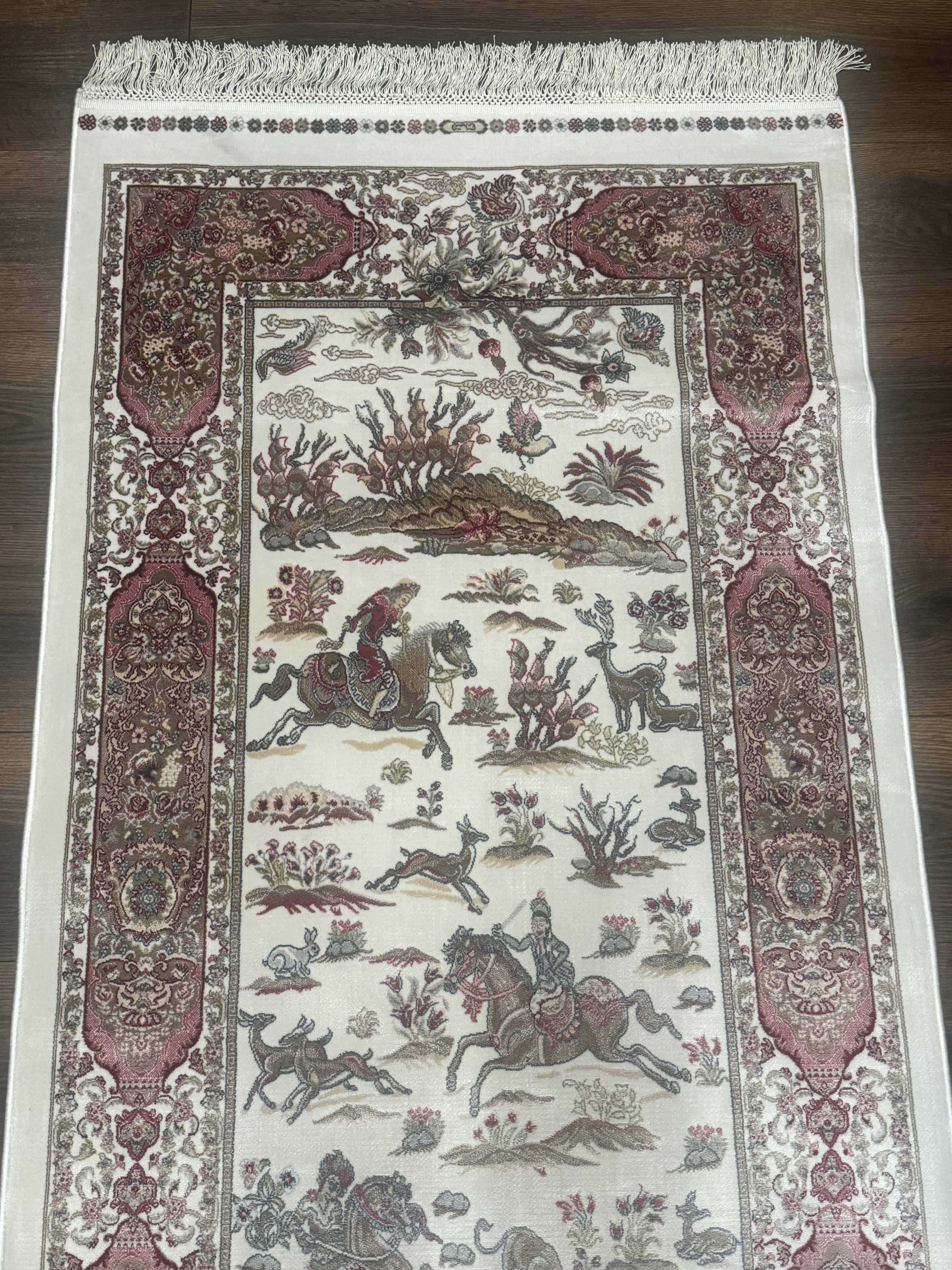 Turkish Silk Runner Rug 2.6 x 8, Hunting Design, Ivory, Bamboo Silk, New - Jewel Rugs