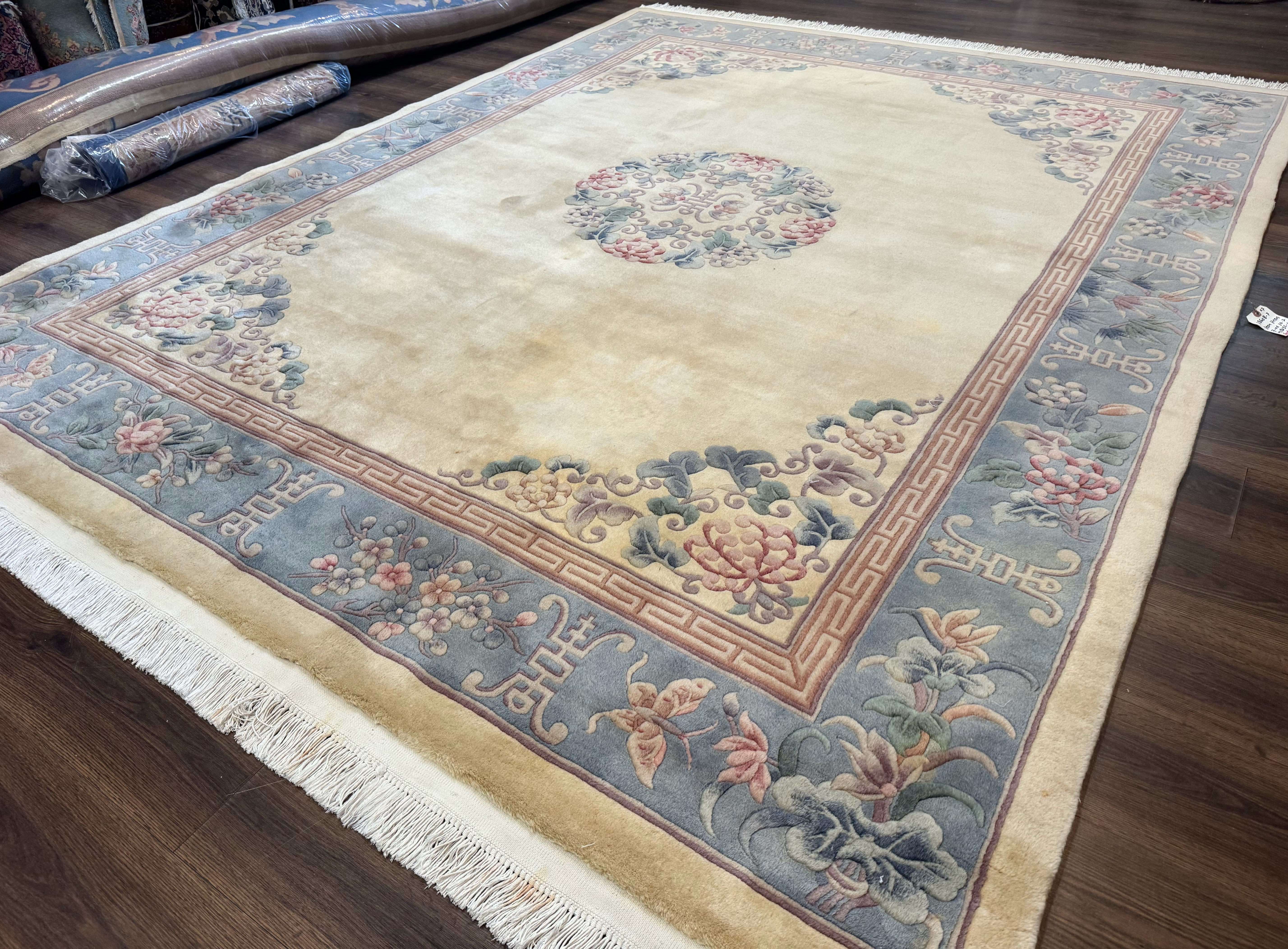 Chinese Wool Rug 8x10, Chinese 90 Line Carpet, Carving Sculpted Rug, Cream and Light Blue - Jewel Rugs