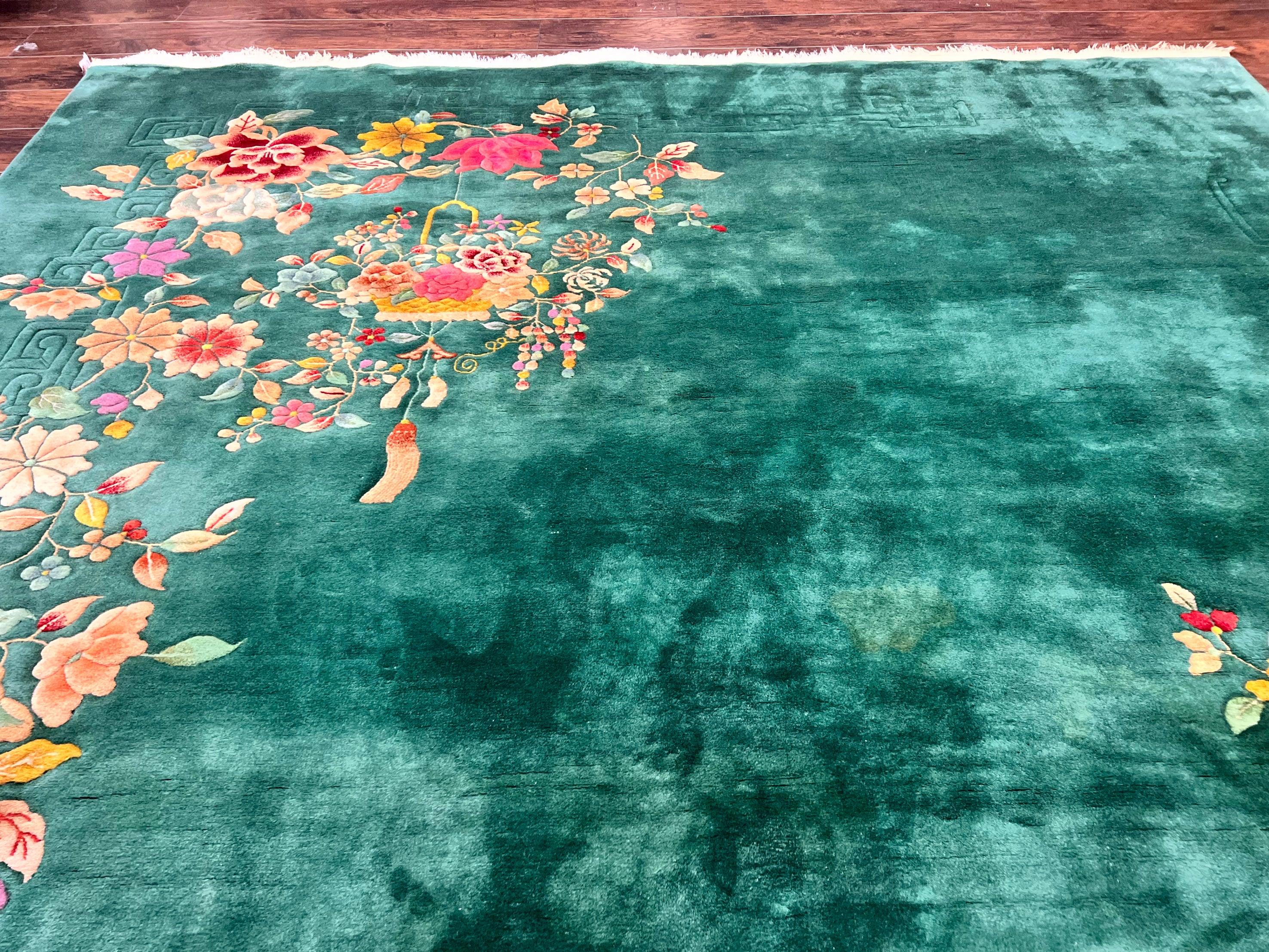 Green Chinese Art Deco Rug 9 x 11.6, Simple Design, Floral, Chinese Wool Carpet, Vintage Semi Antique, Nichols Rug, Handmade - Jewel Rugs