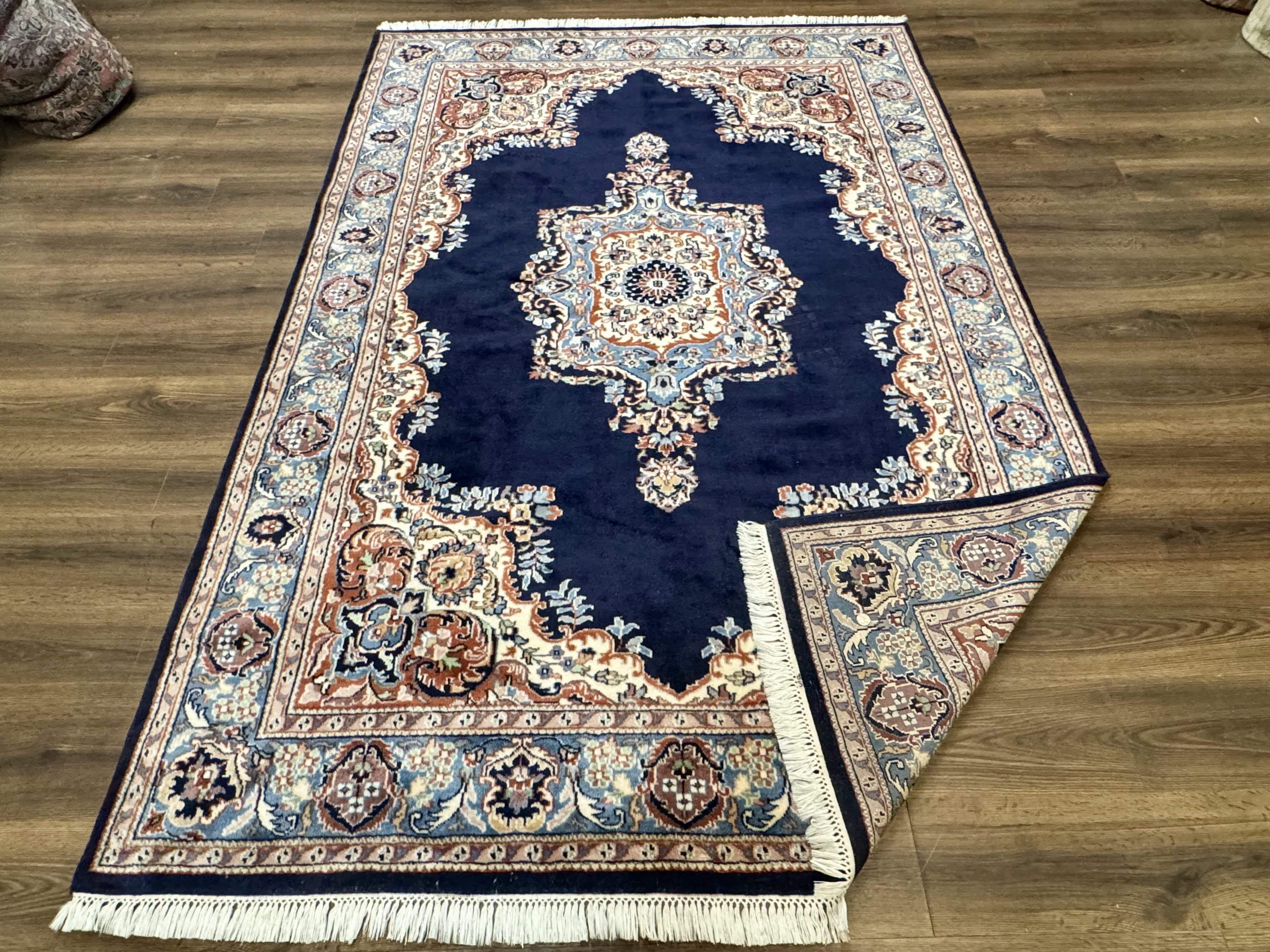 Indo Persian Kerman Rug 6x9 – Navy and Light Blue Hand-Knotted Wool Vintage Carpet - Jewel Rugs