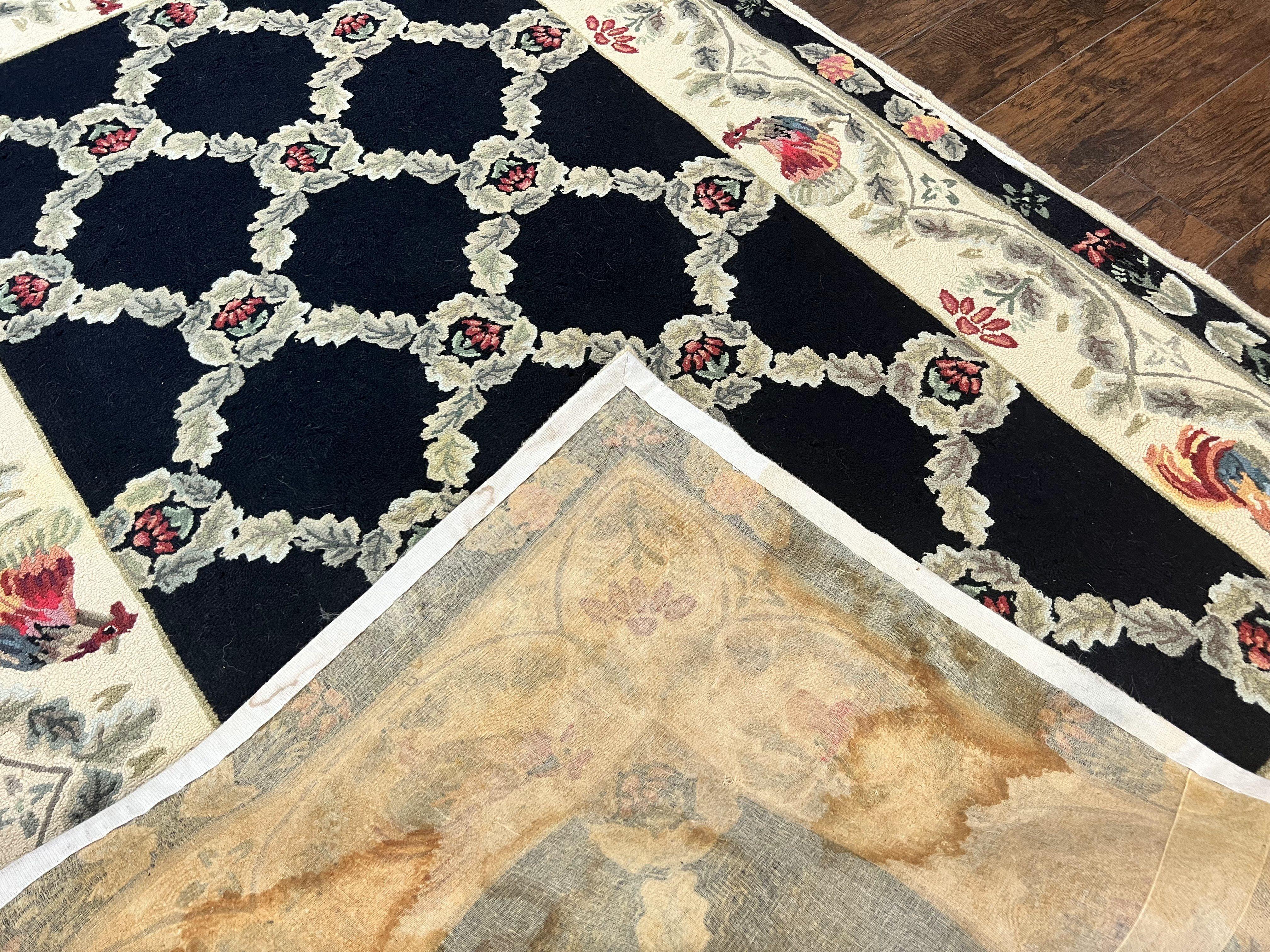 Hooked Rug 5x8, European Aubusson Pattern, Black and Ivory, Roses & Roosters, Vintage Wool Rug - Jewel Rugs