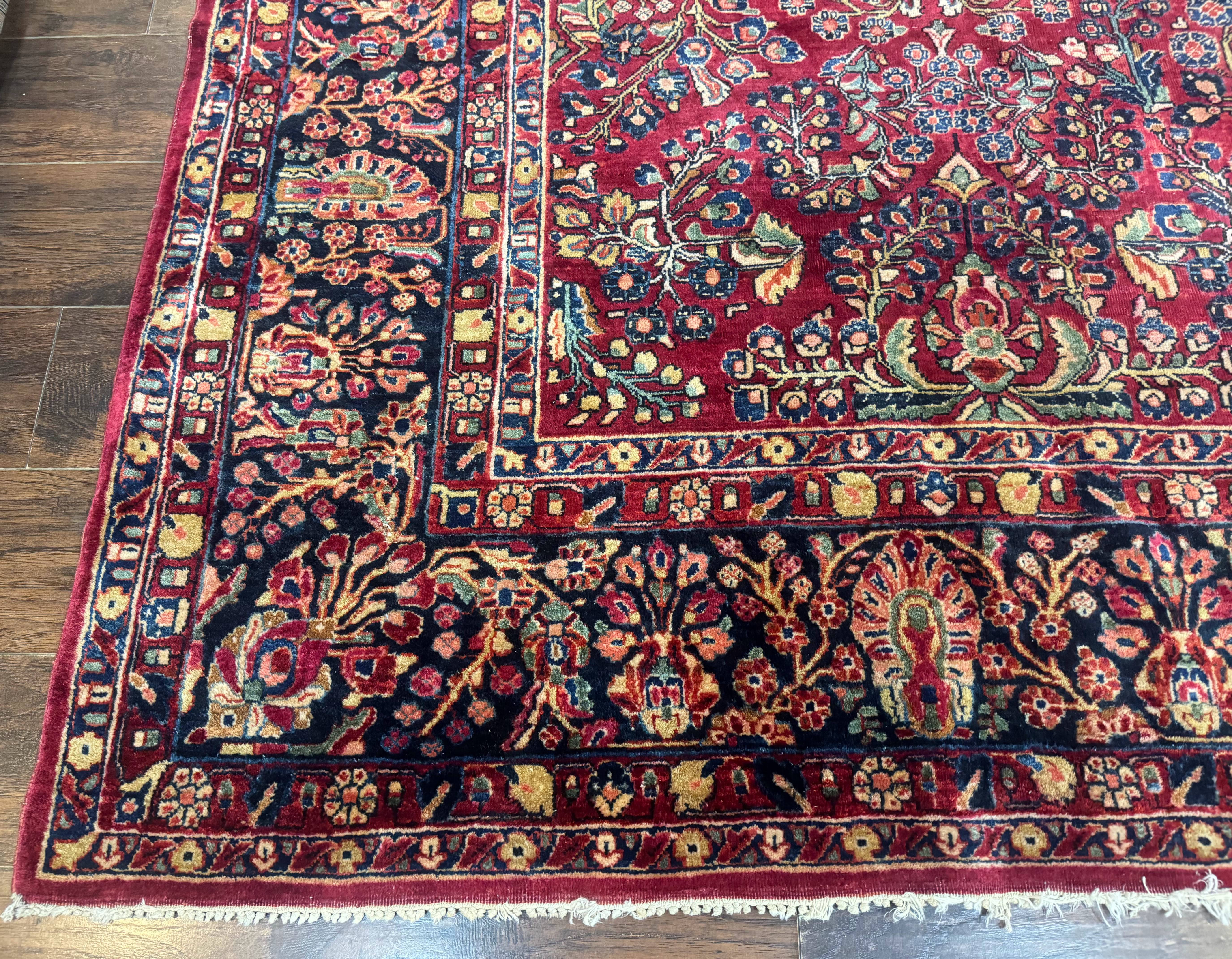 Antique Persian Sarouk Rug 9x12, Red and Blue, Large, Wool, Floral Allover - Jewel Rugs