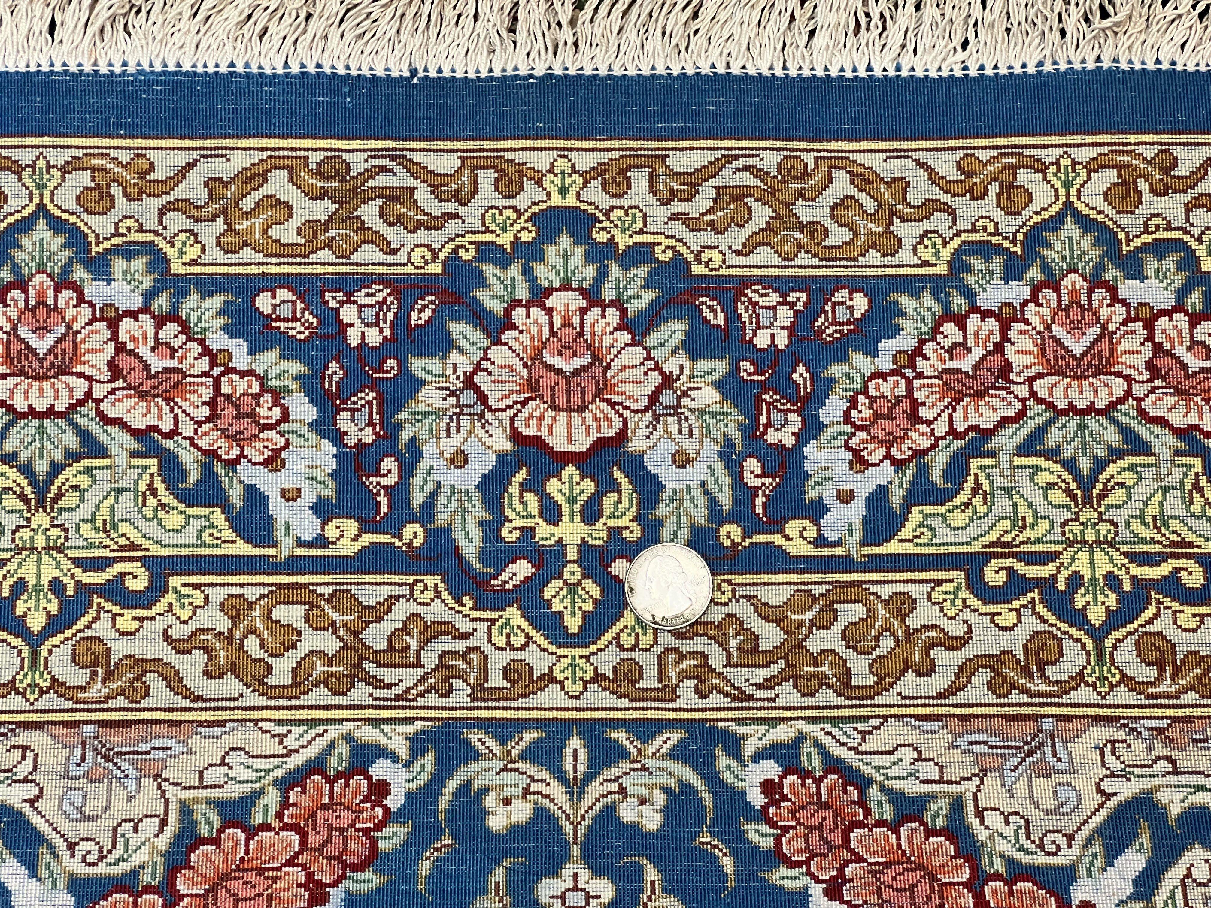 Magnificent Persian Qum Silk Rug 3x5, Blue, Super Fine 675 KPSI - 70 Raj, Floral Roses, Handmade Vintage Silk Carpet, Masterpiece - Jewel Rugs