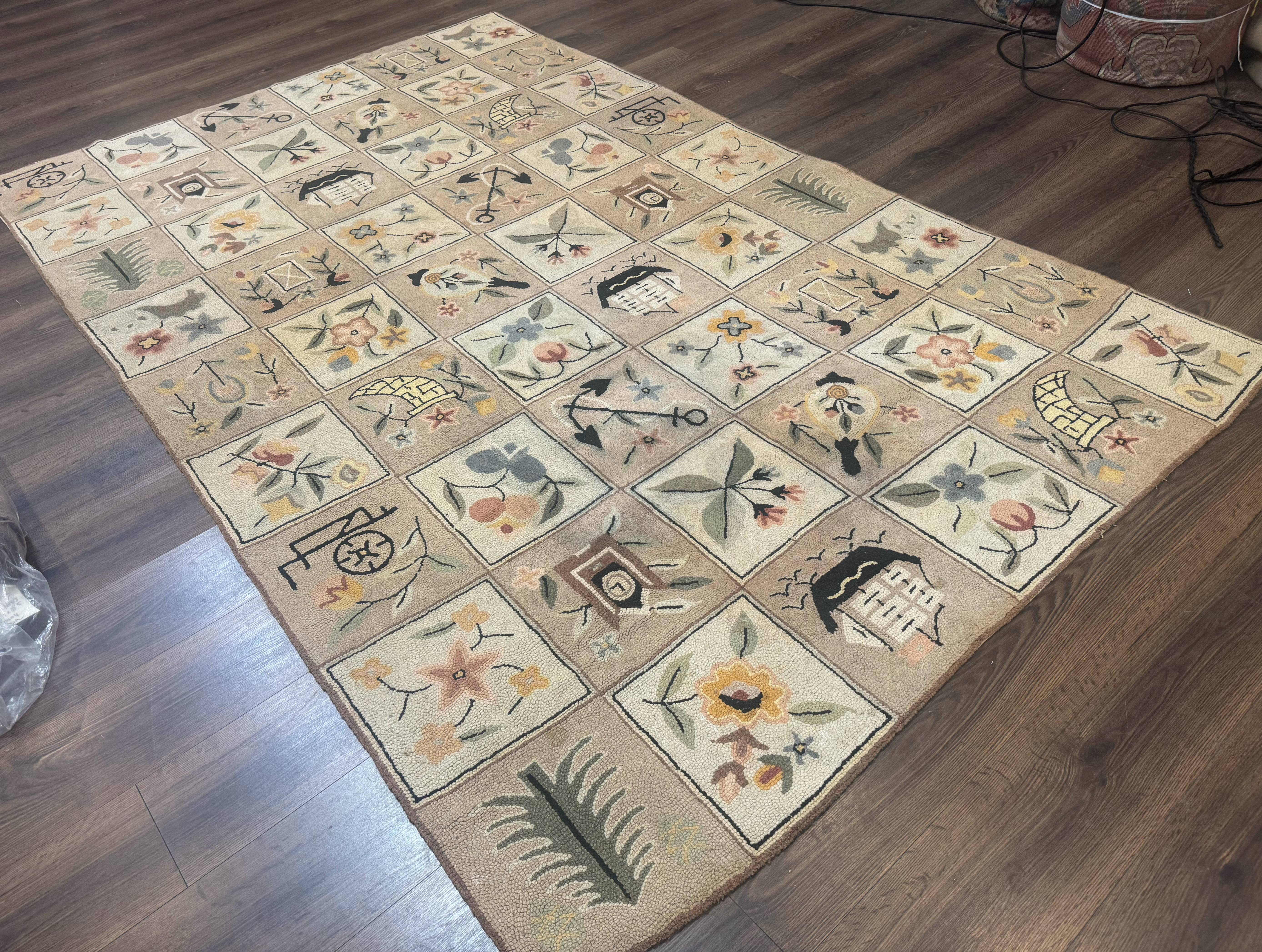 American Hooked Rug 6x9, Panel Design, Vintage, Ivory & Soft Pink - Jewel Rugs