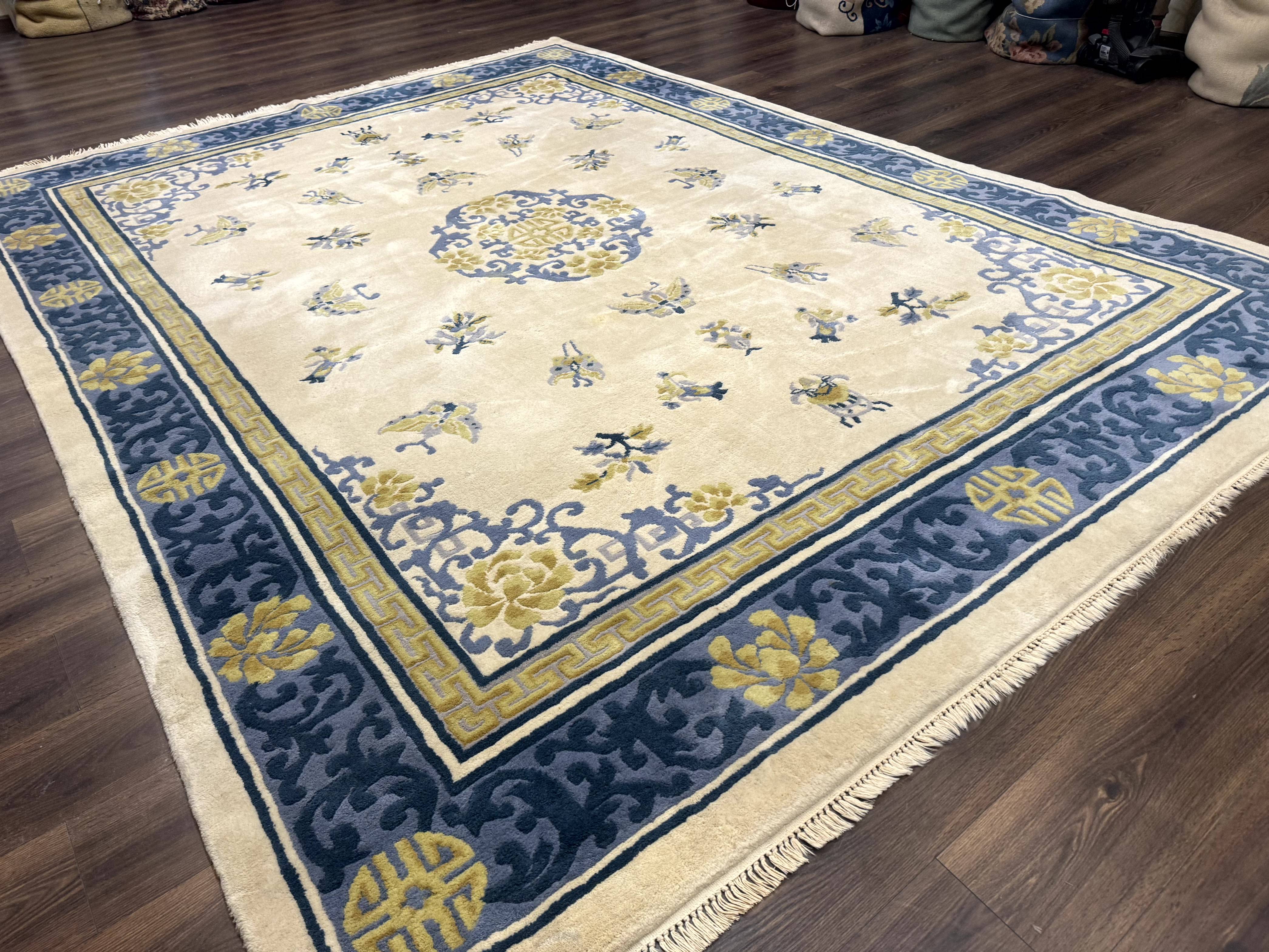 Indo Chinese Wool Rug 9x12 Beige Blue Butterflies Flowers - Jewel Rugs