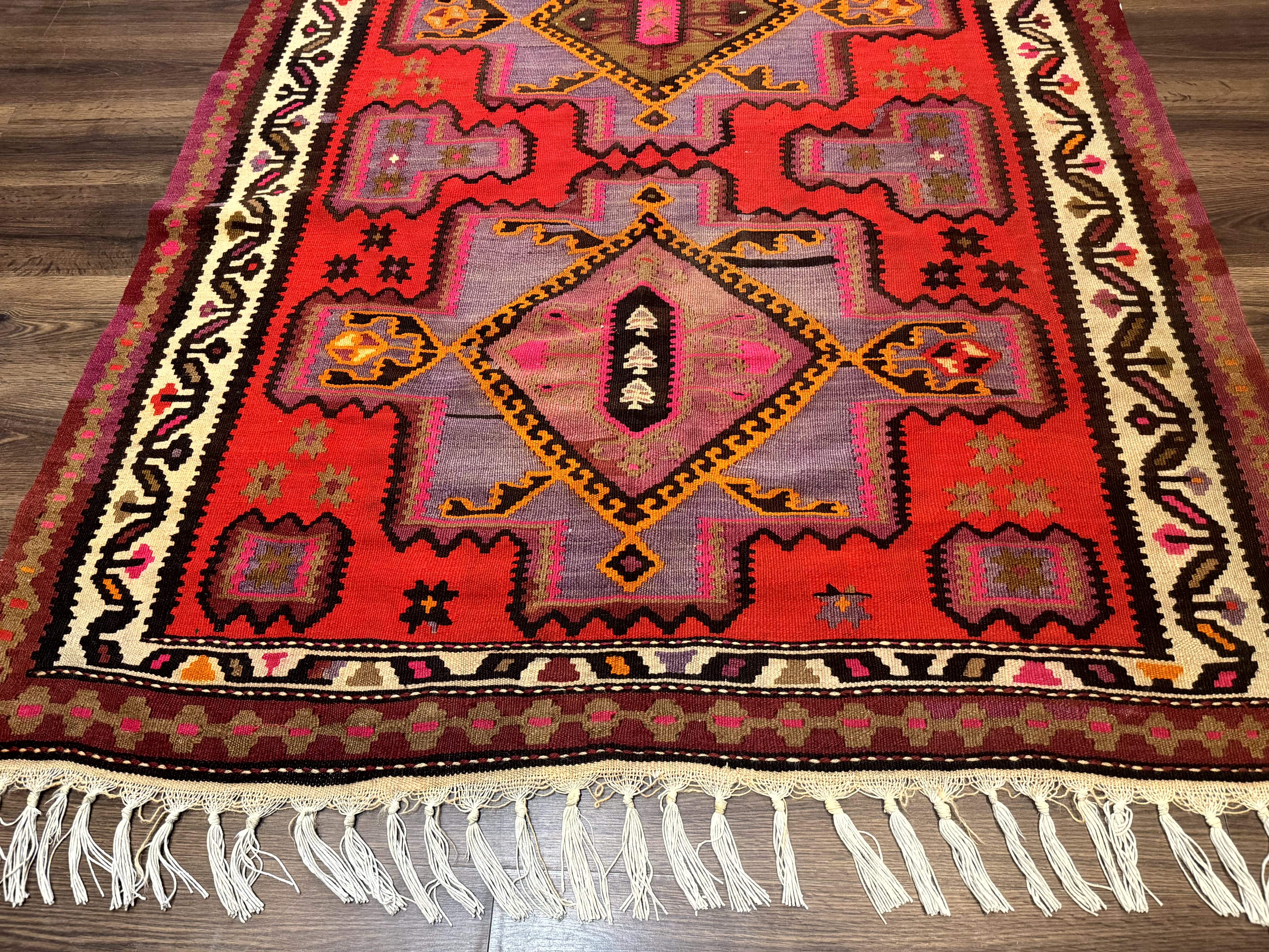 Persian Kurdish Zarand Kilim Rug 5x9, Red, Geometric Medallions, Wide Runner - Jewel Rugs