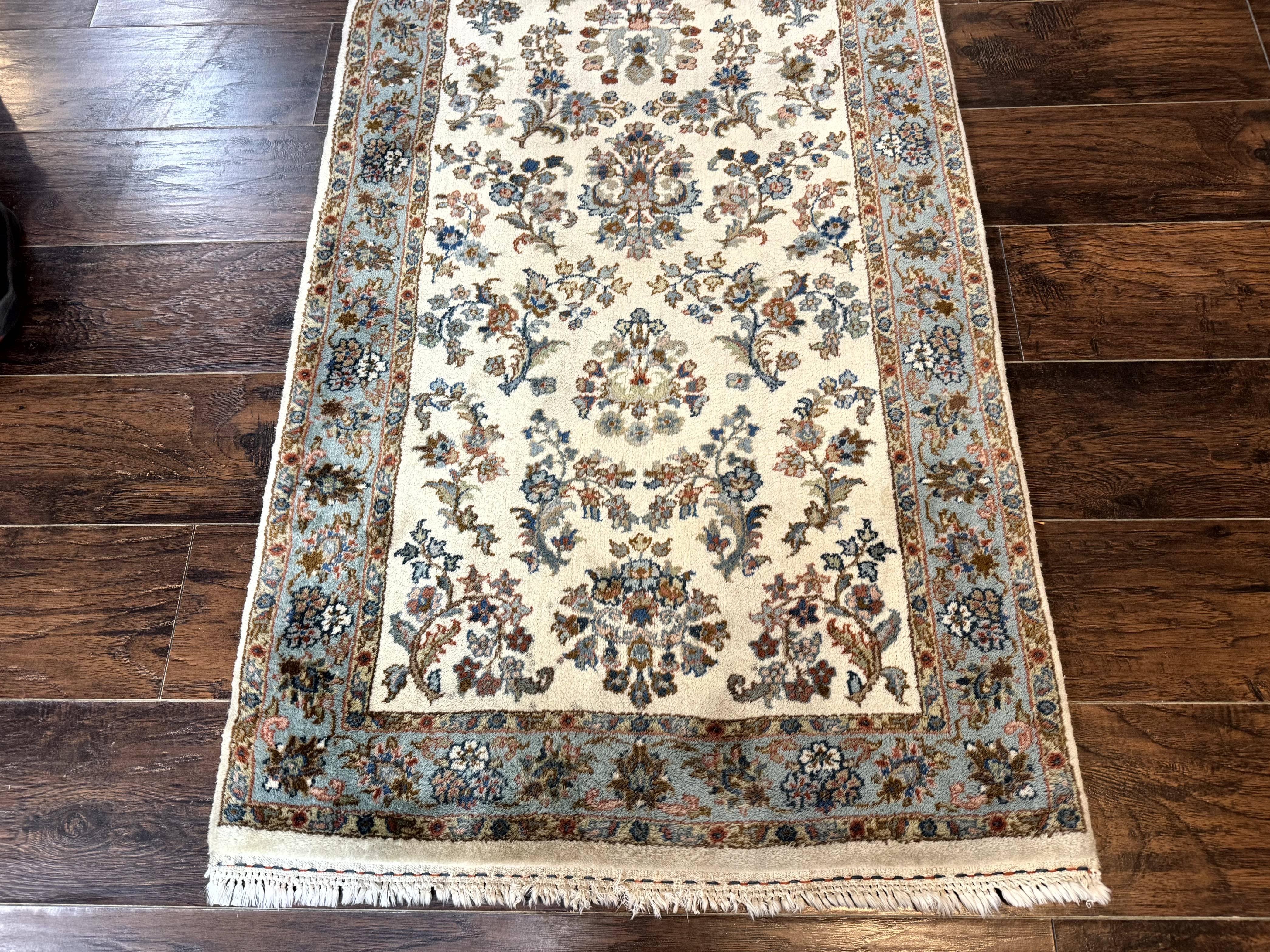 Indo Persian Sarouk Runner Rug 3x12, Cream and Light Blue, Oriental Runner for Hallway or Kitchen 3 x 12 - Jewel Rugs