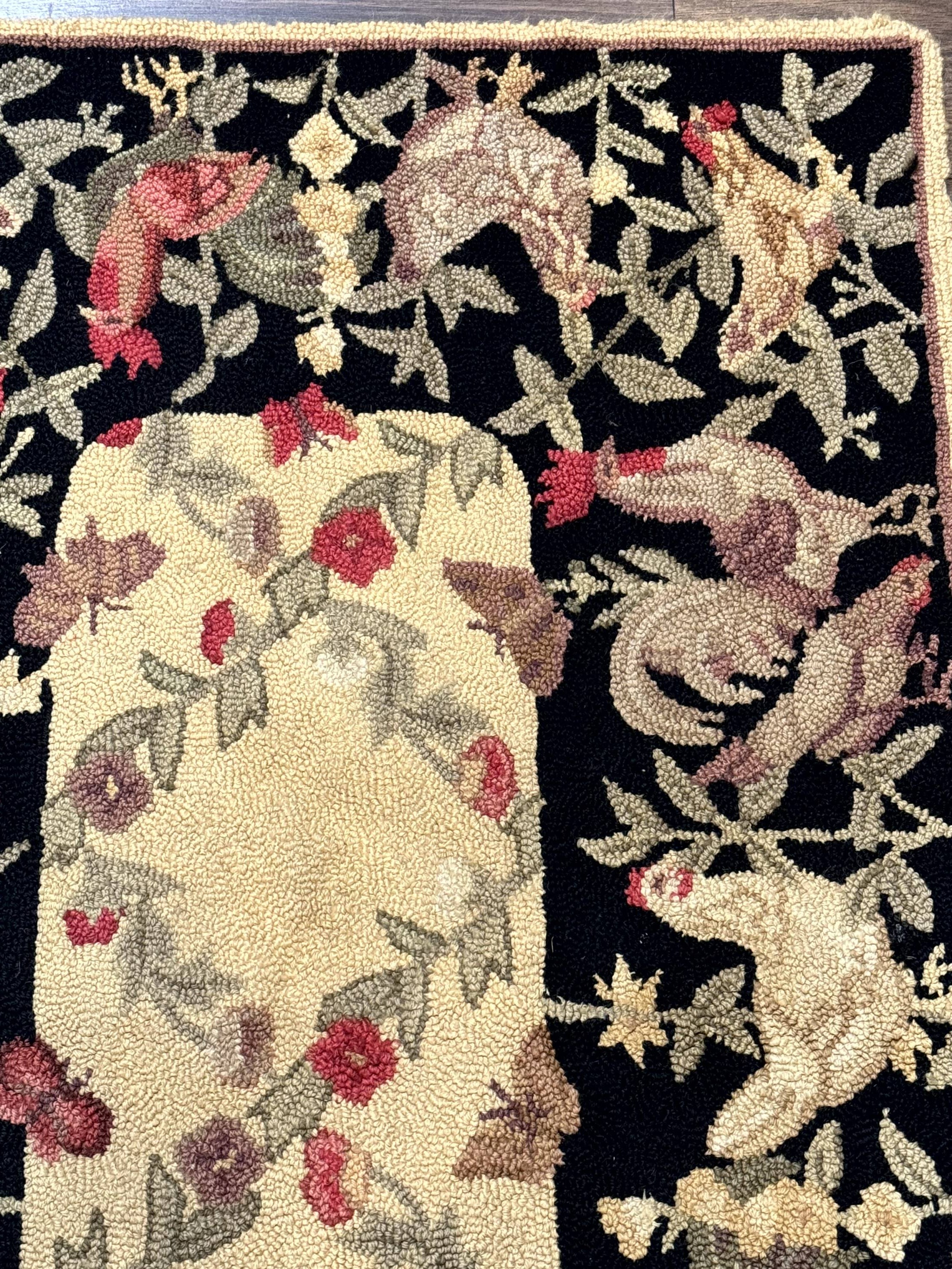 Small Vintage Hooked Rug, Roosters, Handmade, Wool - Jewel Rugs