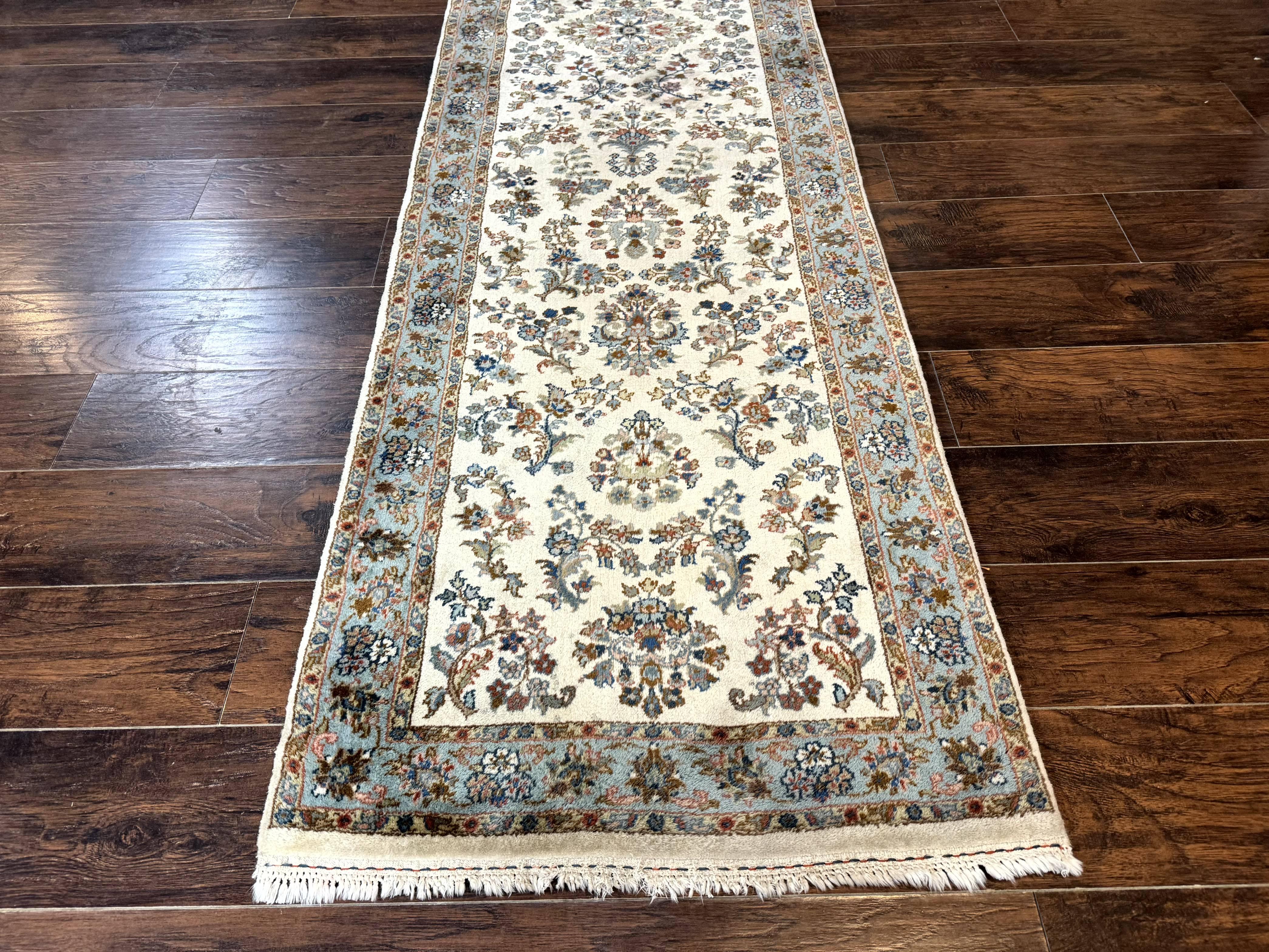 Indo Persian Sarouk Runner Rug 3x12, Cream and Light Blue, Oriental Runner for Hallway or Kitchen 3 x 12 - Jewel Rugs