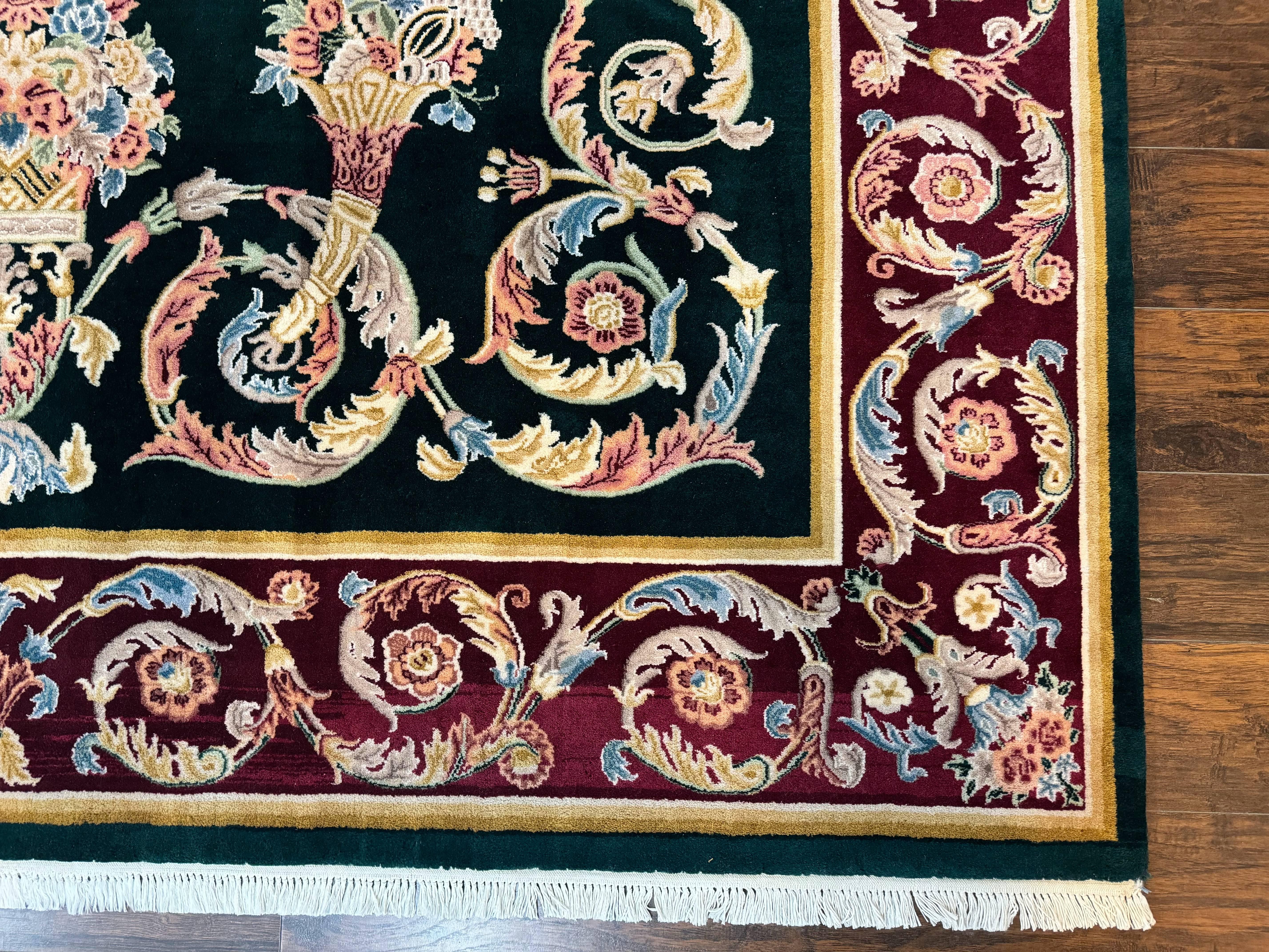 Aubusson Rug 9x12, Dark Green, European Design, Vintage Fine Handmade Carpet, Elegant - Jewel Rugs